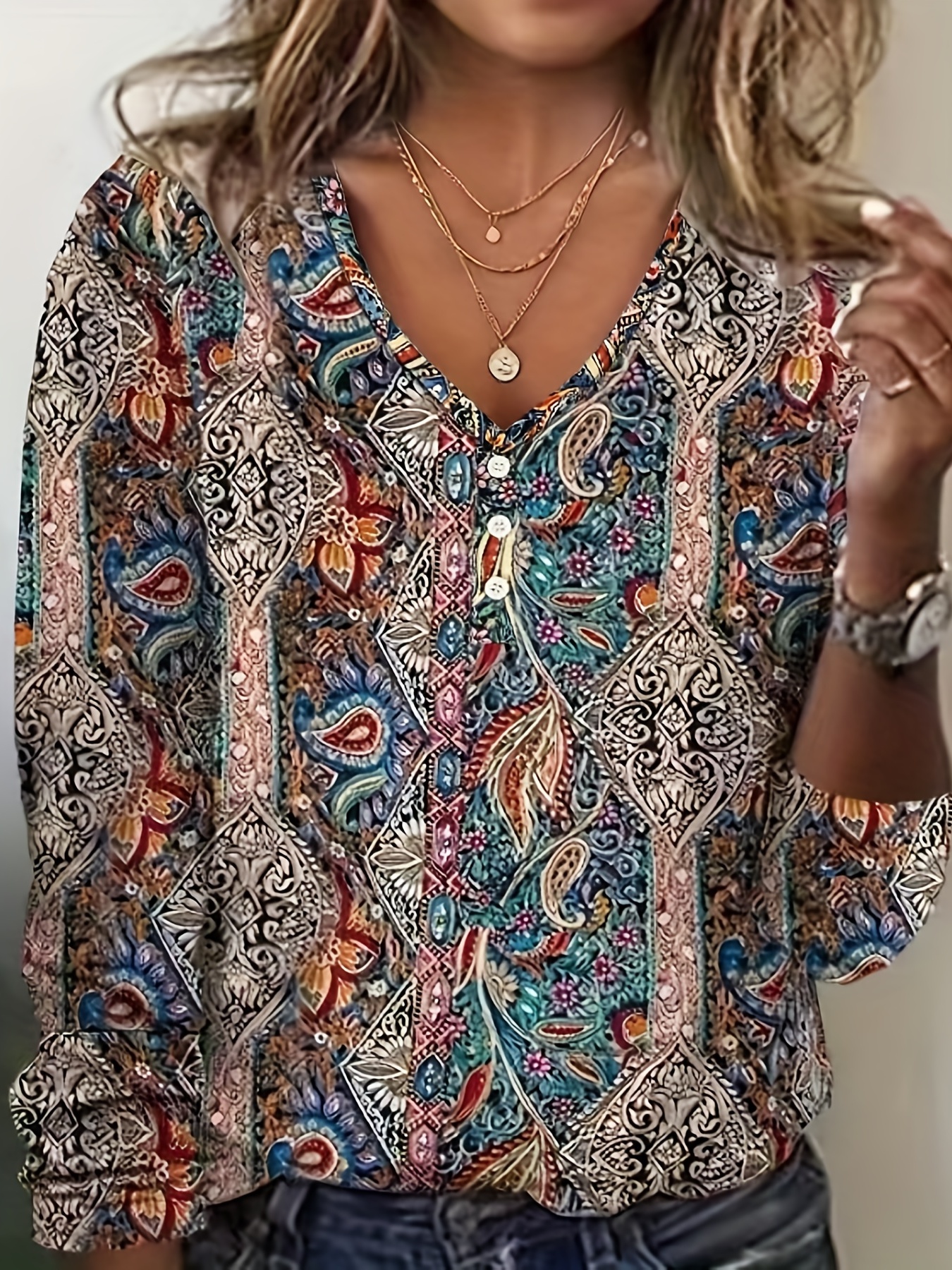 Floral Print Drawstring Blouse, Boho V Neck Long Sleeve Blouse, Women's  Clothing