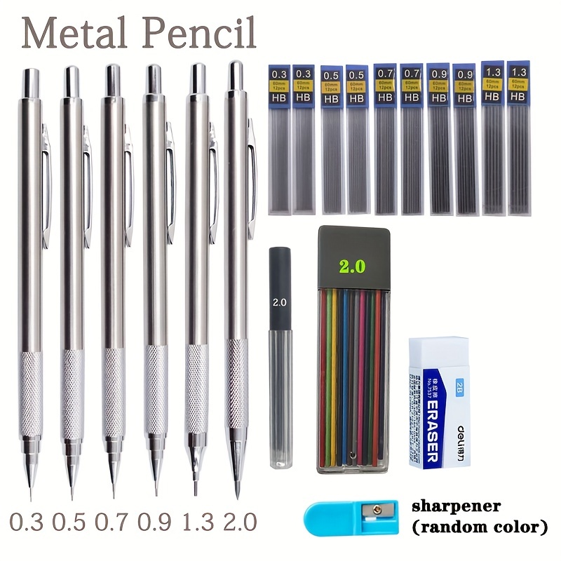 Joyberg 4 Pack Metal Mechanical Pencil 0.5mm, 0.7mm, Lead Pencil with 30 HB Lead Refills 0.5 & 30 HB Lead Refills 0.7 & 2 Erasers, Drafting Pencil Set