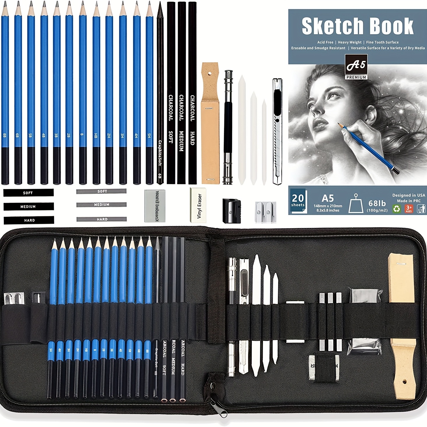 H & B 72-Piece Professional Art Pencil Supply Set, Sketchbook Sketch Kit,  Watercolor, Graphite, Metal, Charcoal Pencil Artist Beginner Adult Teen