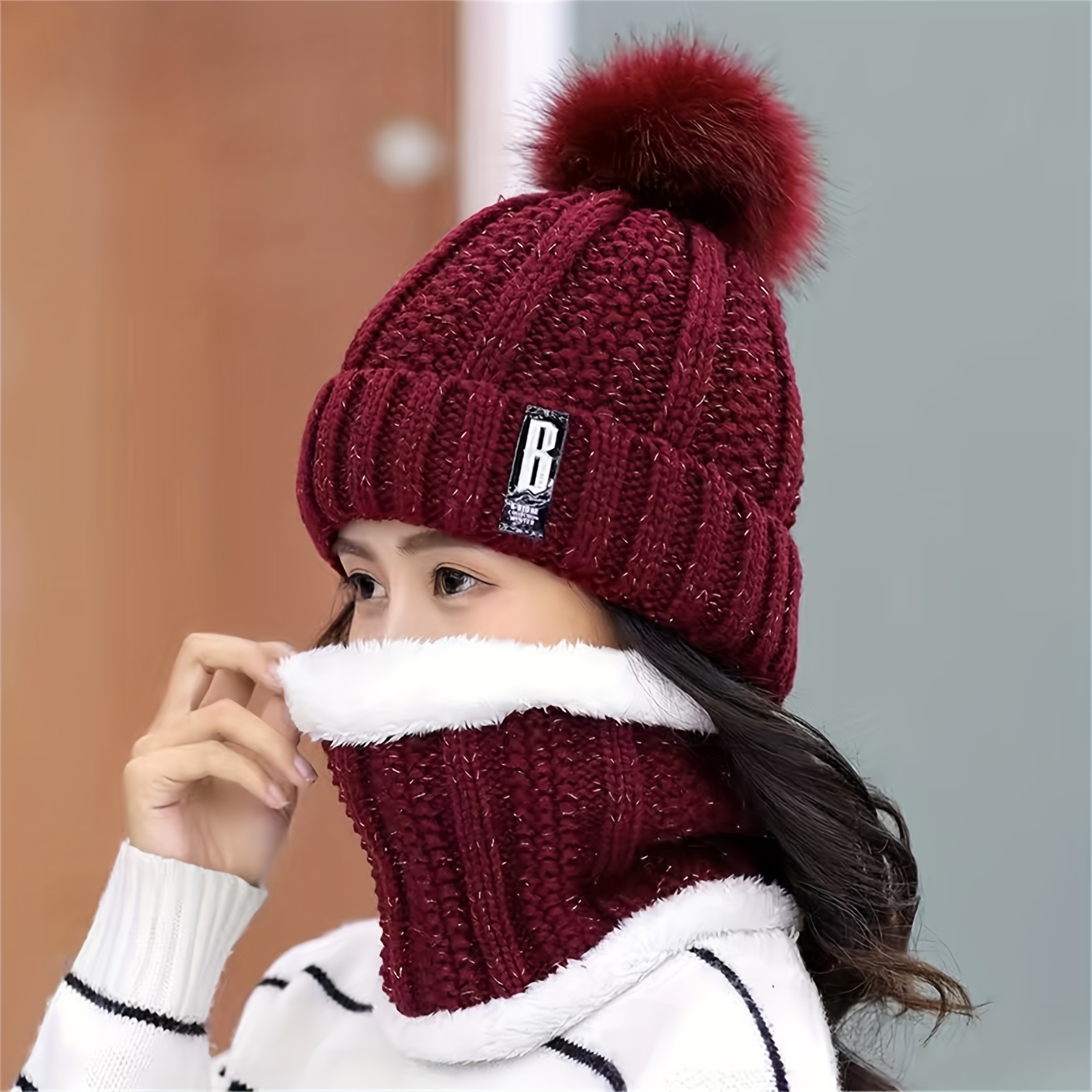 Children's Knitted Hat & Scarf Set Letter Patch Plush Thickened Warm Winter  With Pom Pom For Girls And Boys - Temu