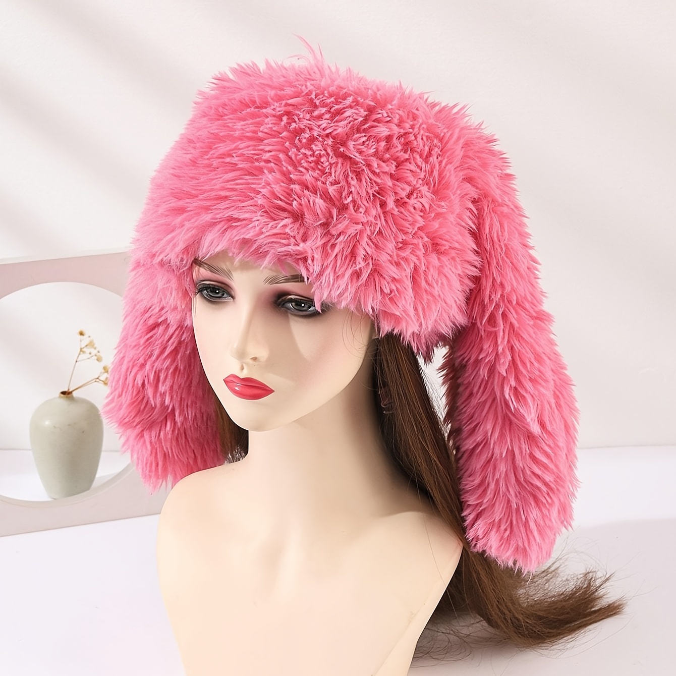 Knit Beanie Hats for Women Bunny Winter Cap Faux Fur Warm Knit Rabbit Crochet Skull Cap Ski Outdoor Slouchy Hat