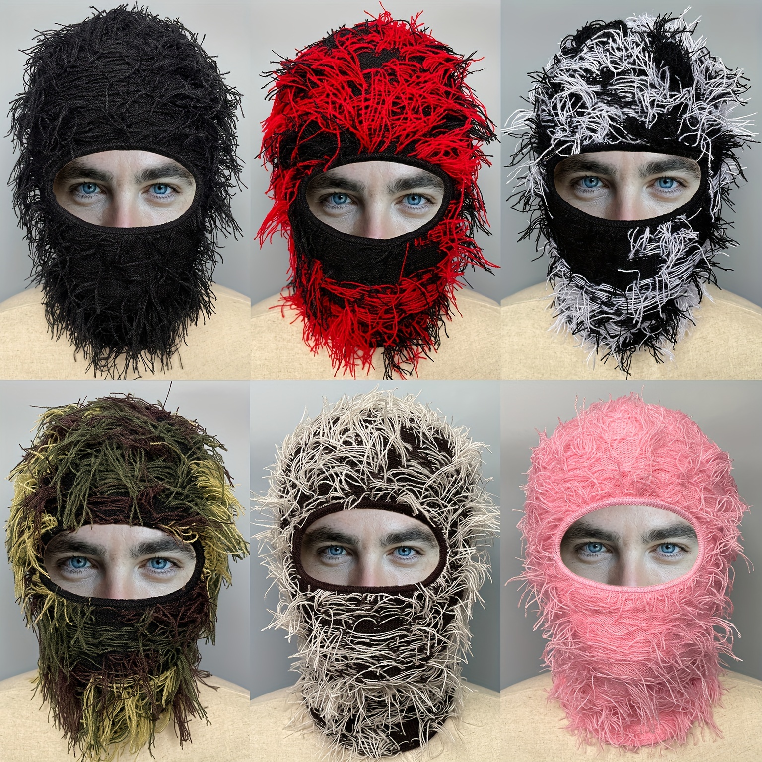 1pc Hip Hop Tassel Solid Fuzzy Balaclava Cap Full Cover Ski Mask Trend  Knitted Headgear Unisex Y2K Knit Hat Face Covering For Women Men