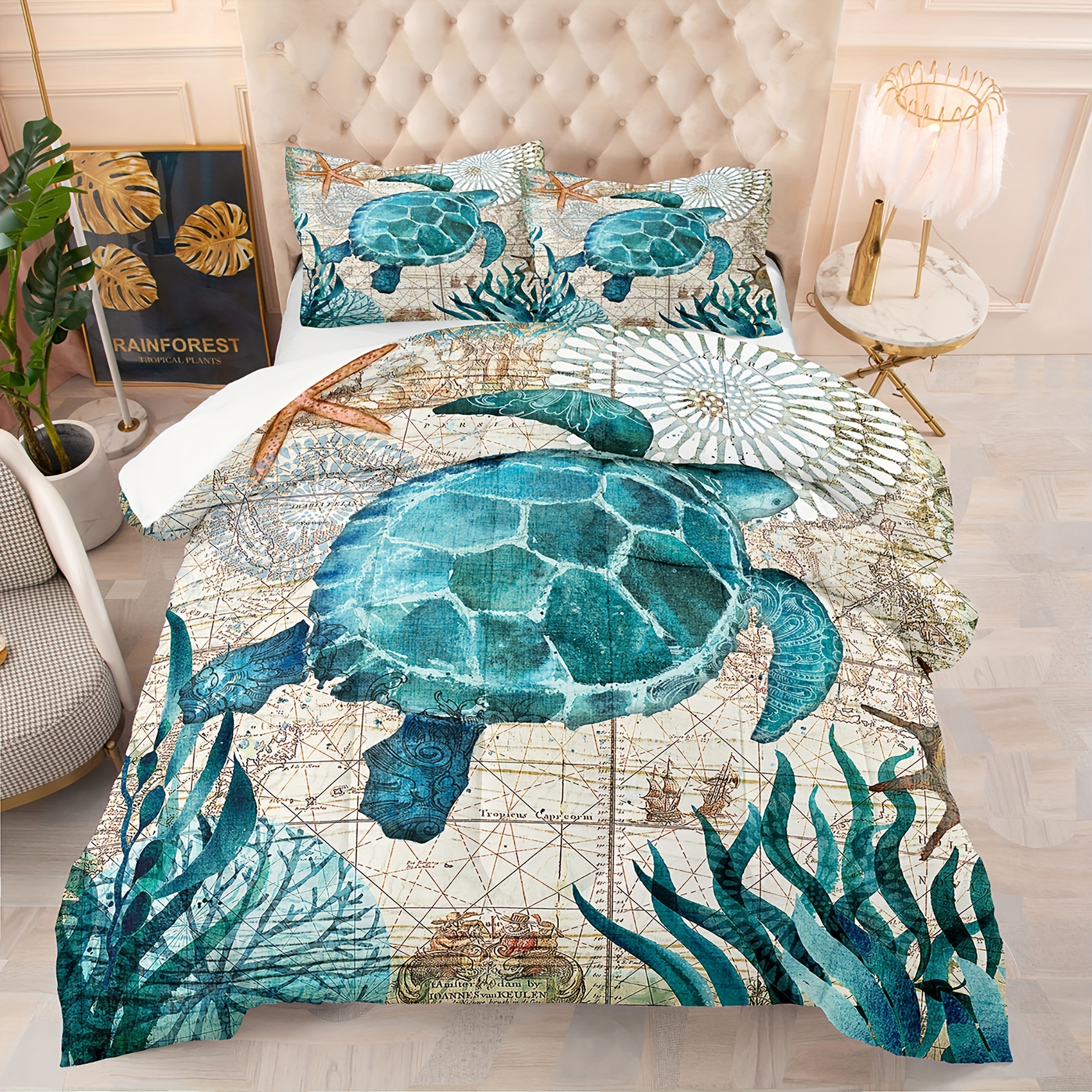 Comforter Set Blue Sea Turtle Starfish Little Fish Boys - Temu