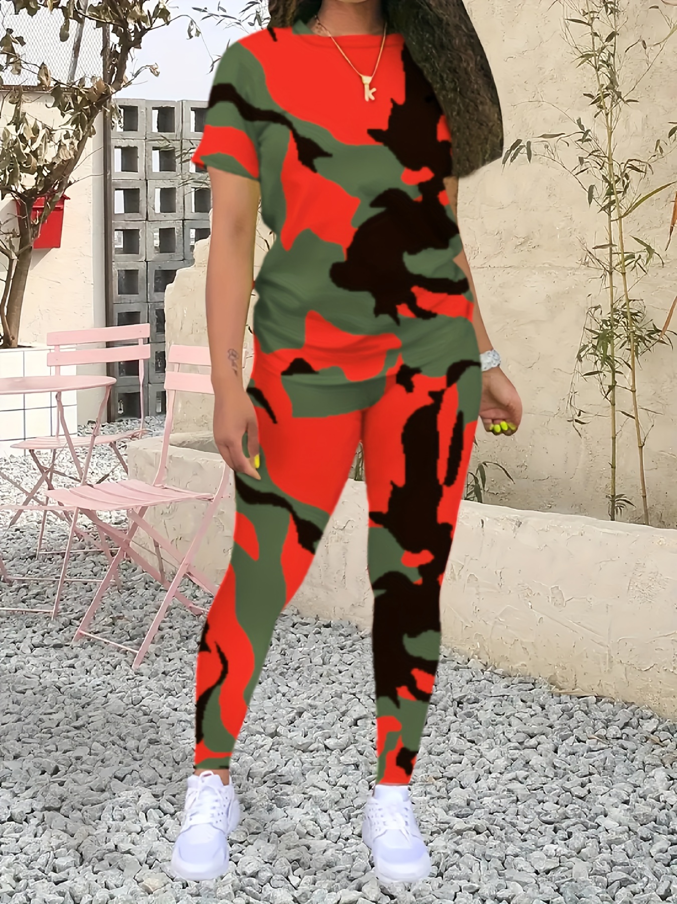 Camo Print Casual Two-piece Set, Crop Cami Top & Cropped Leggings Outfits,  Women's Clothing