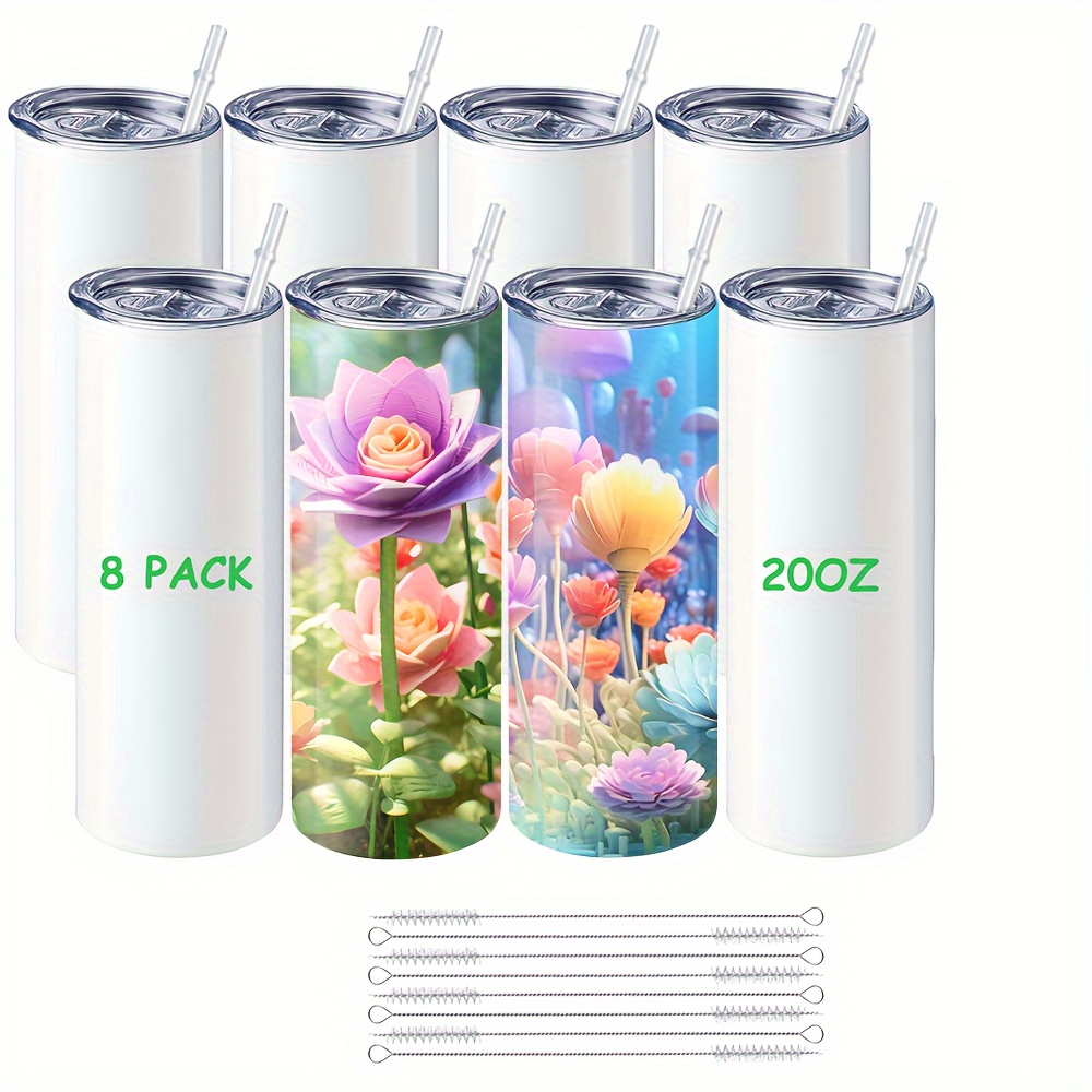 8/10pcs, Blank Sublimation Tumblers, 20oz (560ml), Straight Skinny Tumbler  With Straw, Stainless Steel Double Wall Insulated Water Bottle For DIY Than
