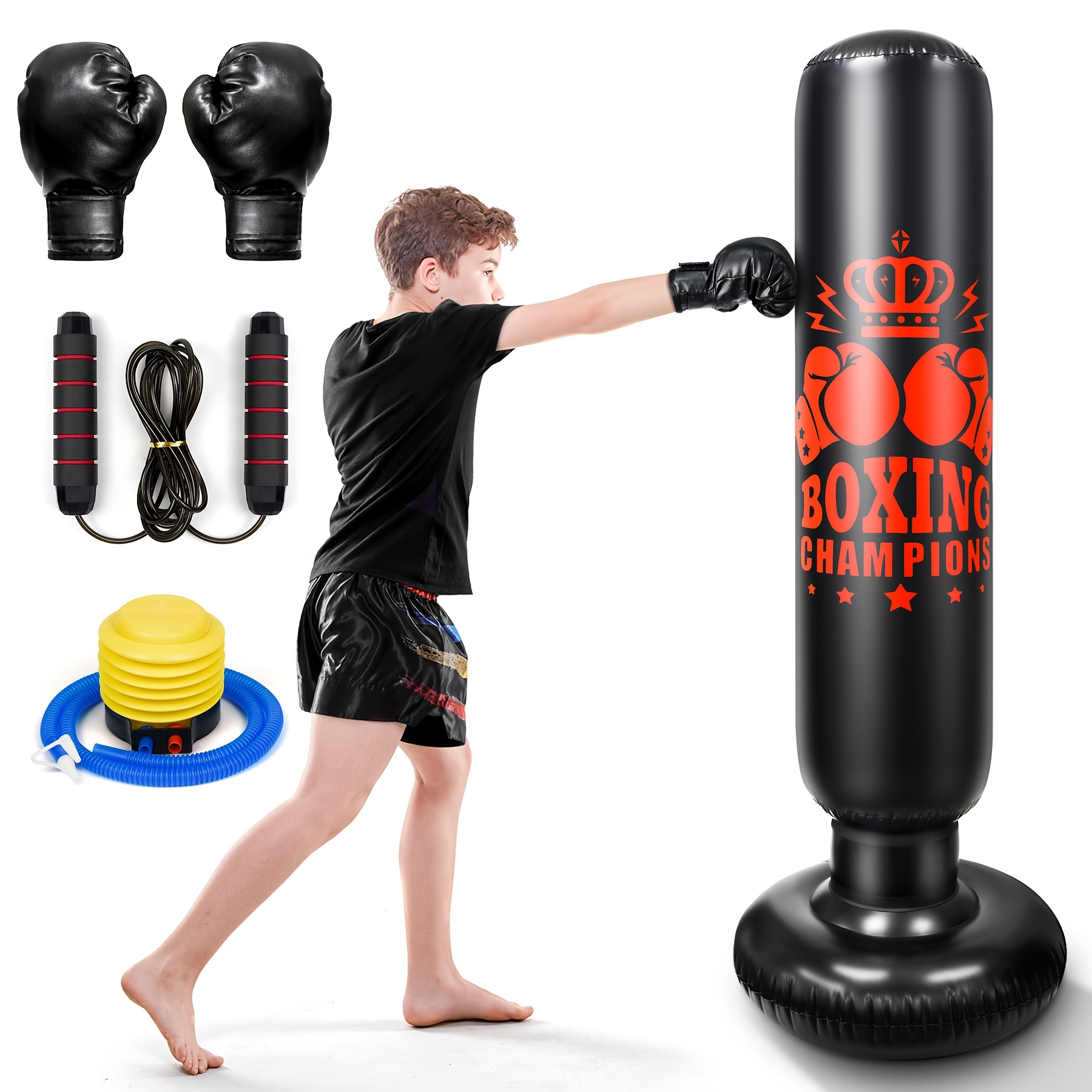  Juego de saco de boxeo para niños, incluye pelota de boxeo con  soporte, guantes de entrenamiento de boxeo, bomba de mano y soporte de  altura ajustable, juego de pelota de boxeo