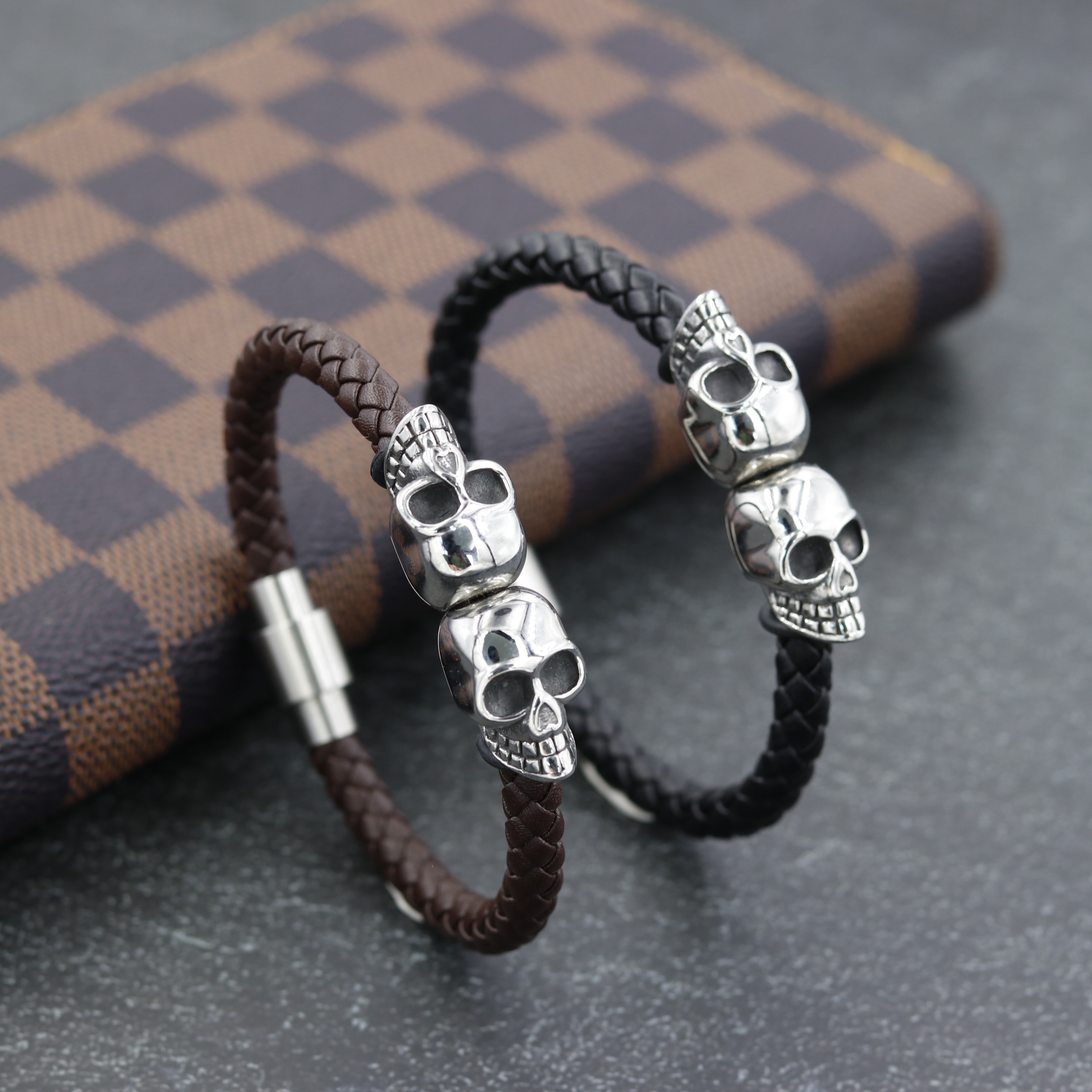 Double Head Skull Buckle Stainless Steel Braided Bracelet