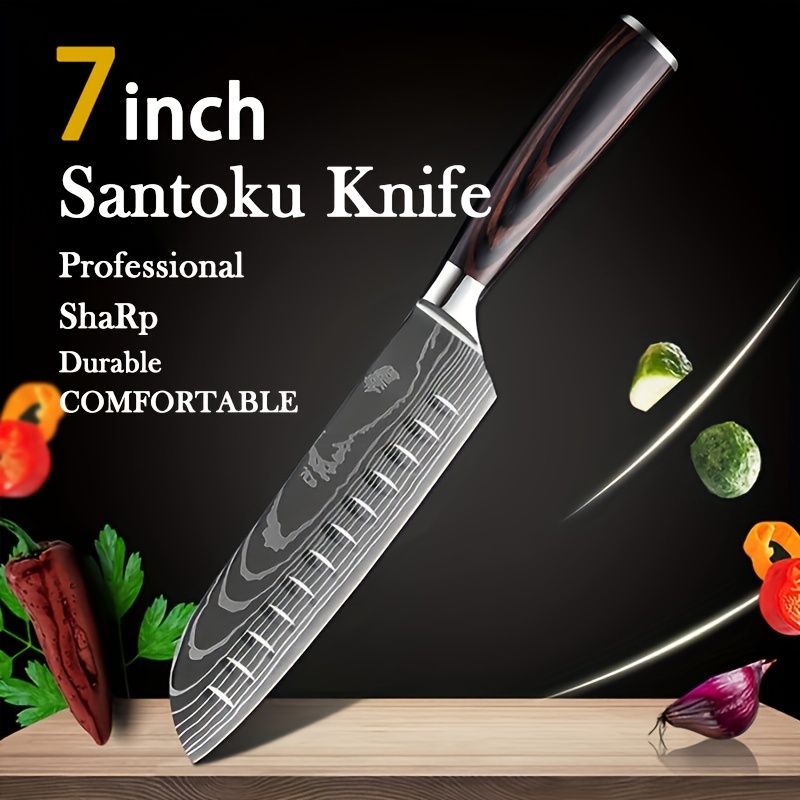 Santoku - Cuchillo japonés Santoku de 7 pulgadas – Cuchillo de chef  asiático de acero inoxidable de alto carbono profesional súper afilado con  mango