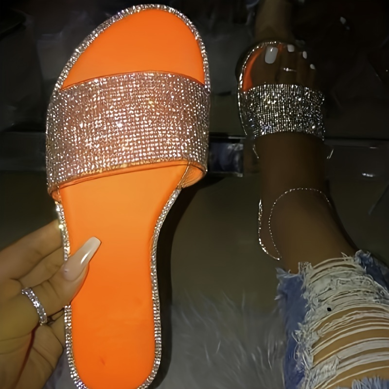 Women's Faux Rhinestone & Pearl Decor Sandals, Slip On Open Toe Flat  Non-slip Slides Shoes, Summer Glitter Dress Shoes