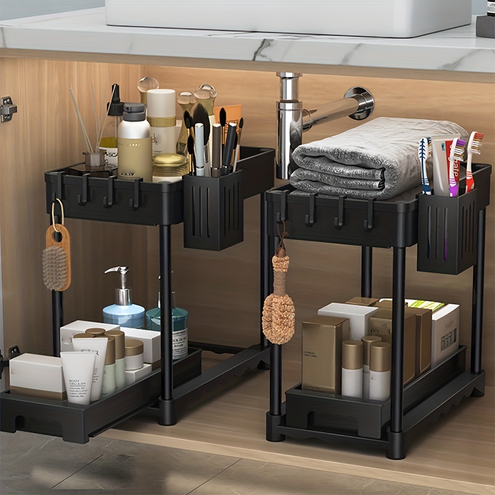 1pc Black Under Sink Organizer, Double Layer Sliding Cabinet Basket Drawer  With Hook And Chopstick Holder, Bottom Drawer Sliding Storage Rack For  Bathroom And Kitchen Cabinets, Kitchen Accessories