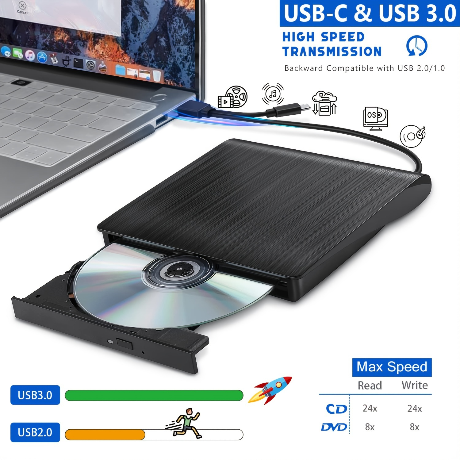 INECK® Lecteur Externe DVD R CD-RW Lecteur CD Graveur CD USB 2.0 DVD Combo  - Compatible avec Macbook Air (Pro) & d'autres PC portable/ordinateurs  (Windows Vista/ Linux/ 7 /8 /10 & Mac