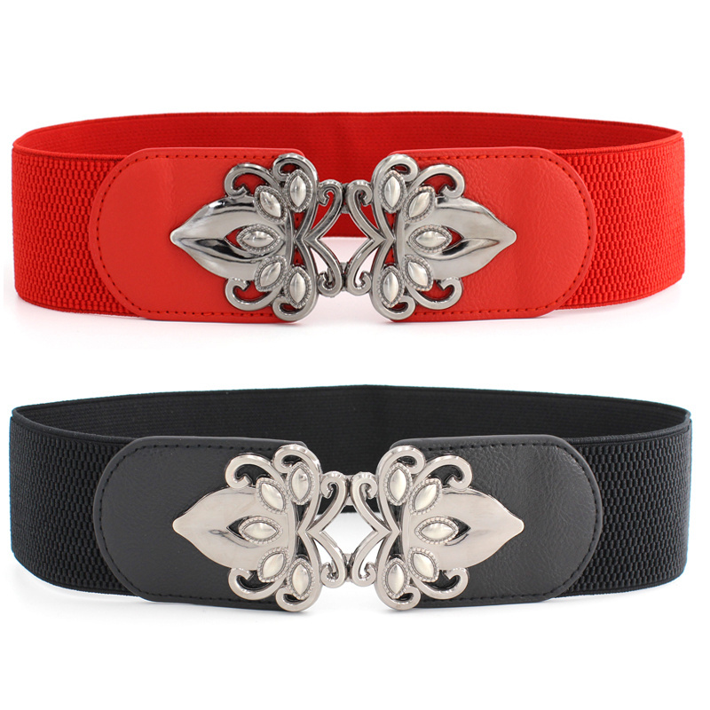 Hot Women Wide Waist Belt Vintage Metal Flower Elastic Stretch