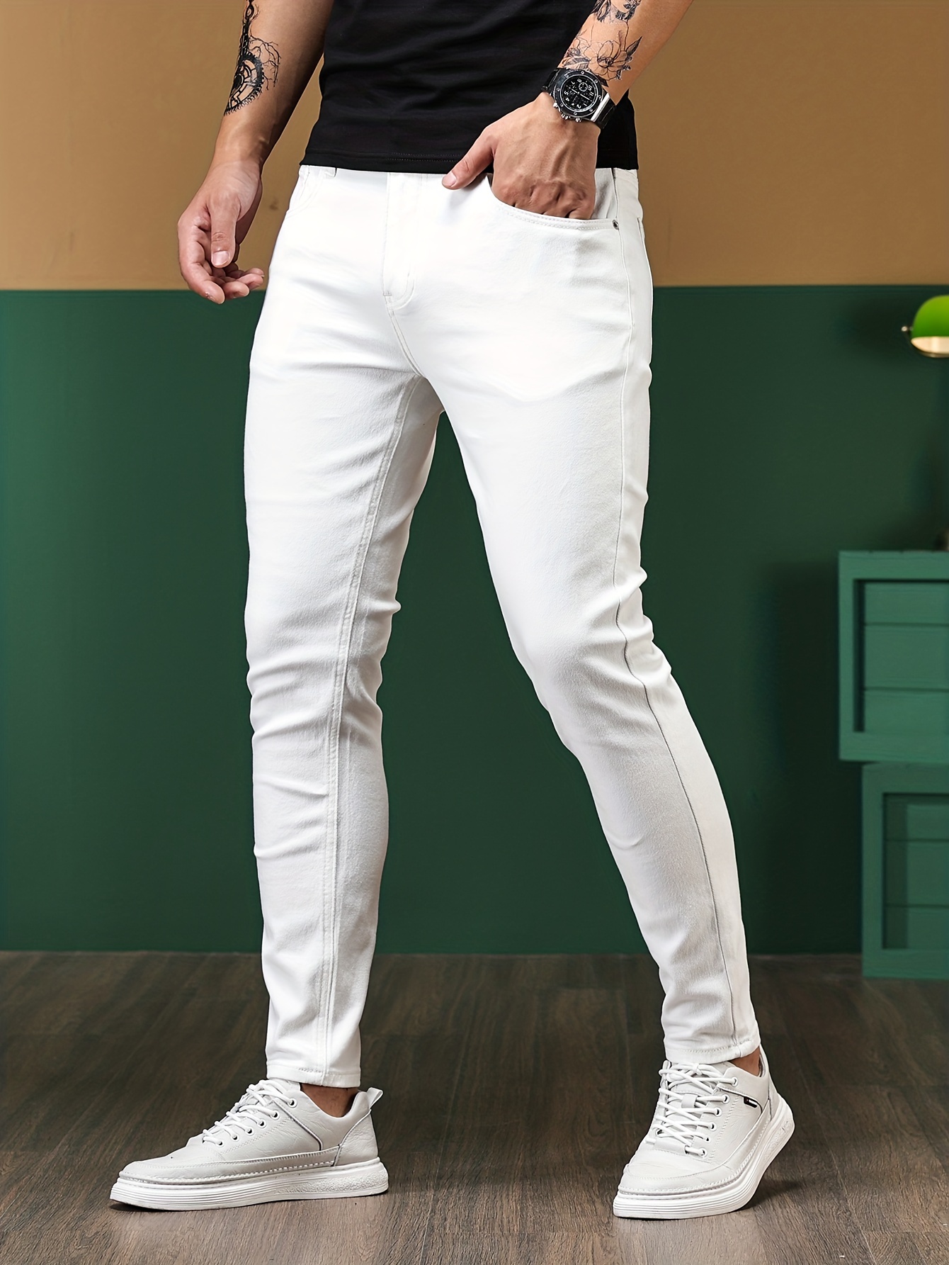 Classic Design Stretch Dress Pants, Men's Semi-formal Solid Color Slim Fit  Slightly Stretch Dress Pants For Business