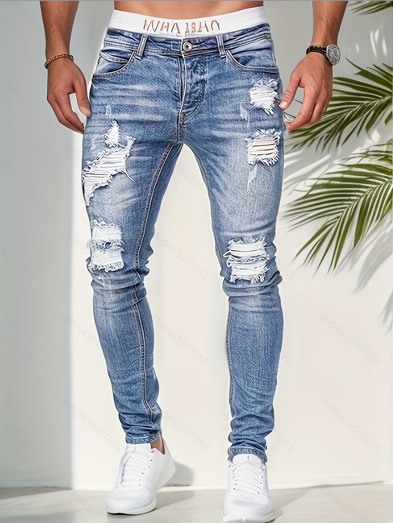 Men's Red Jeans Skinny Fit Ripped Destroyed Distressed Stylish Denim Jeans