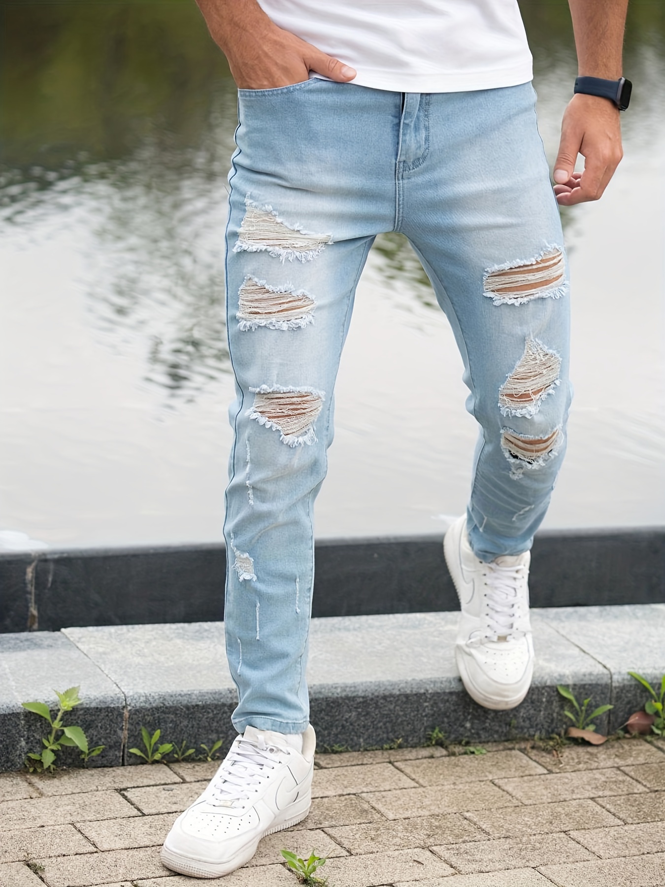 Men's Casual Loose Fit Jeans Street Style Retro Distressed - Temu