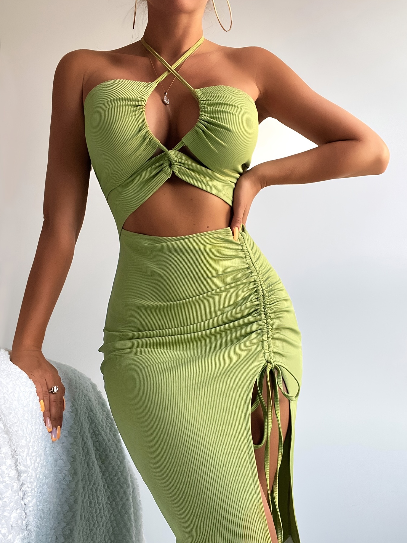 Sexy Solid Dress Two piece Set Chain Linked Strappy Halter - Temu