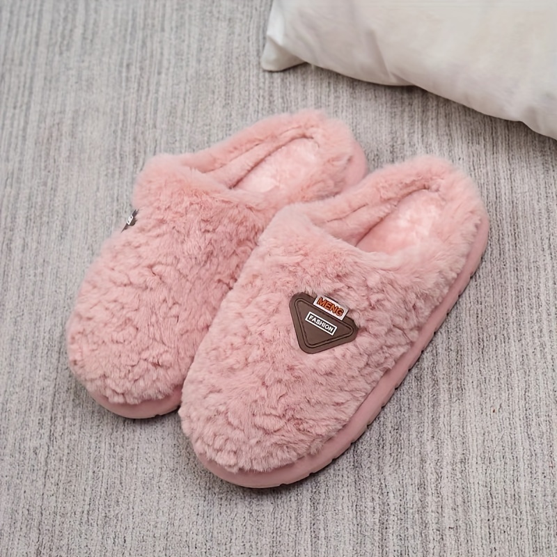 Simple Style Plush Home Slippers Solid Color Closed Toe Soft Sole Flat Shoes Winter Warm House Floor Slippers