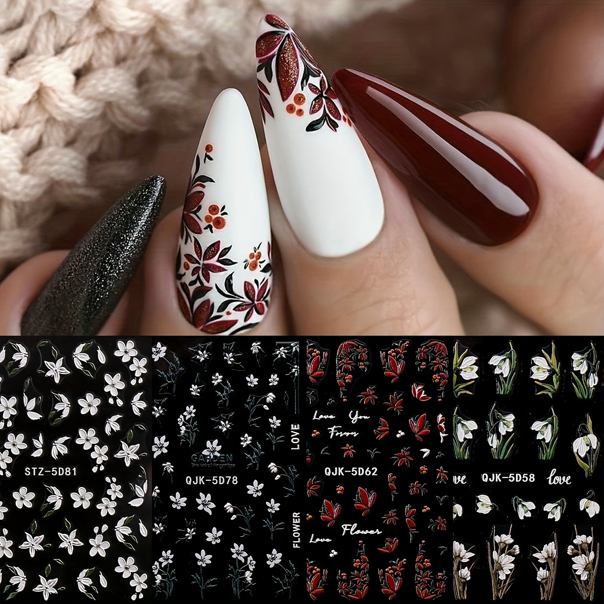 10 Sheets Spring Flower Nail Art Stickers Decals Self-Adhesive Pegatinas  para Uñas Black White Floral Rose Leaf Design Manicure Tips Nail Decoration
