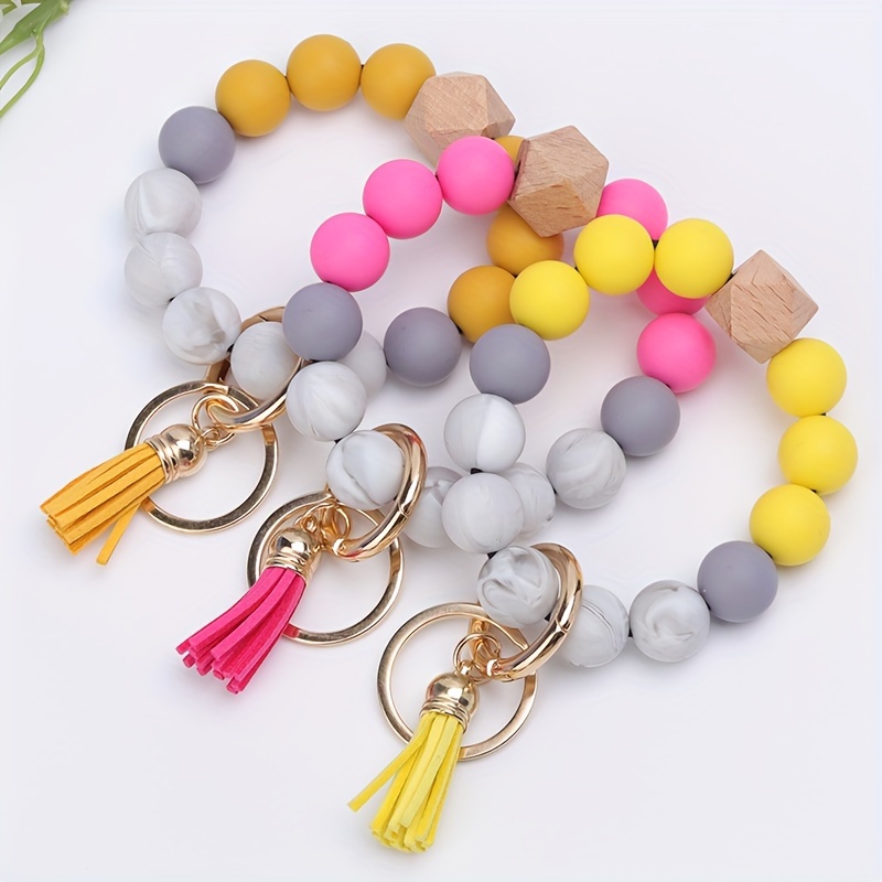 Acrylic Beads Wristlet Keychain With Woolen Tassel Bag - Temu