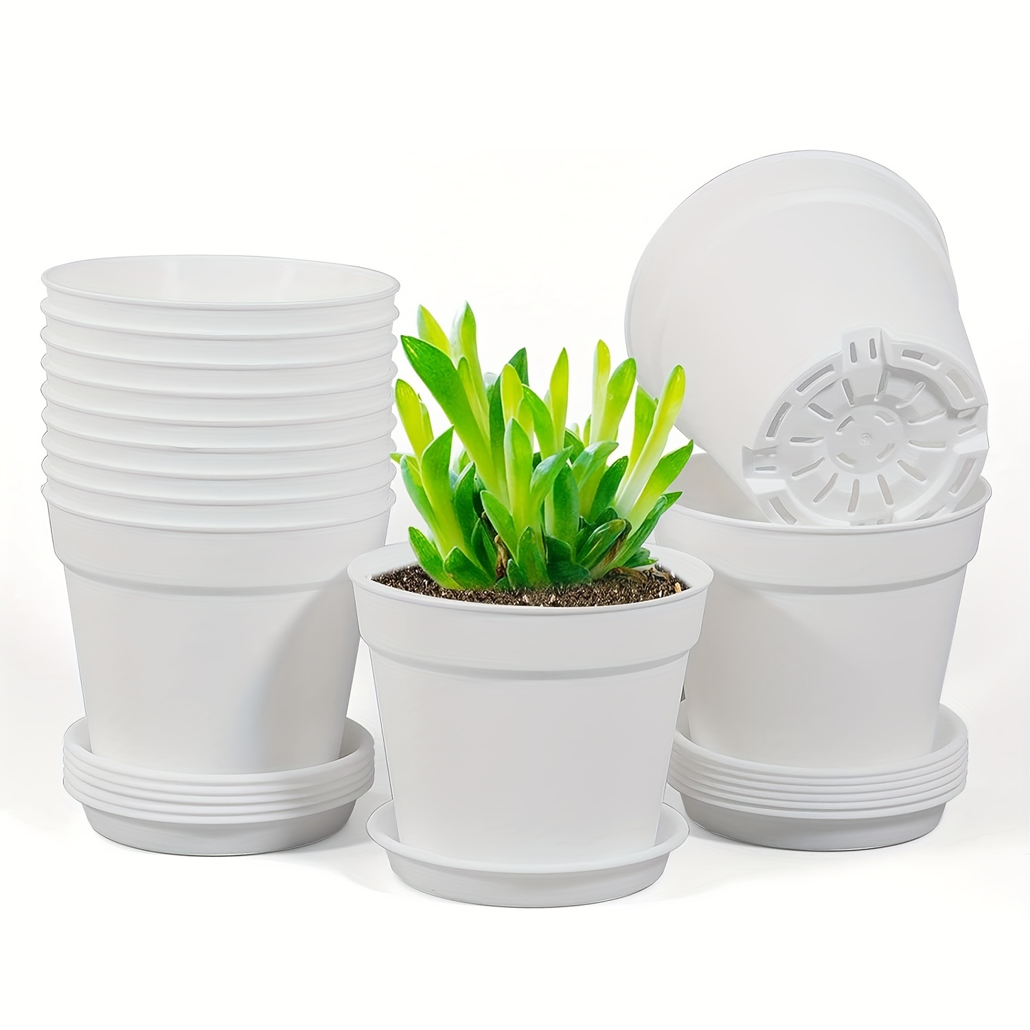 12 Sets Plastic Flower Pots 6 inch White Planters with Drainage