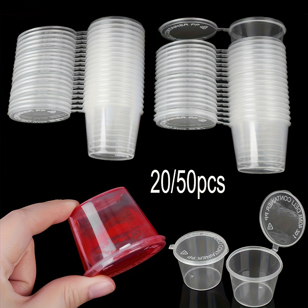 50pcs Disposable Plastic Sauce Container Hinged Lid Clear Pot Cup Round 