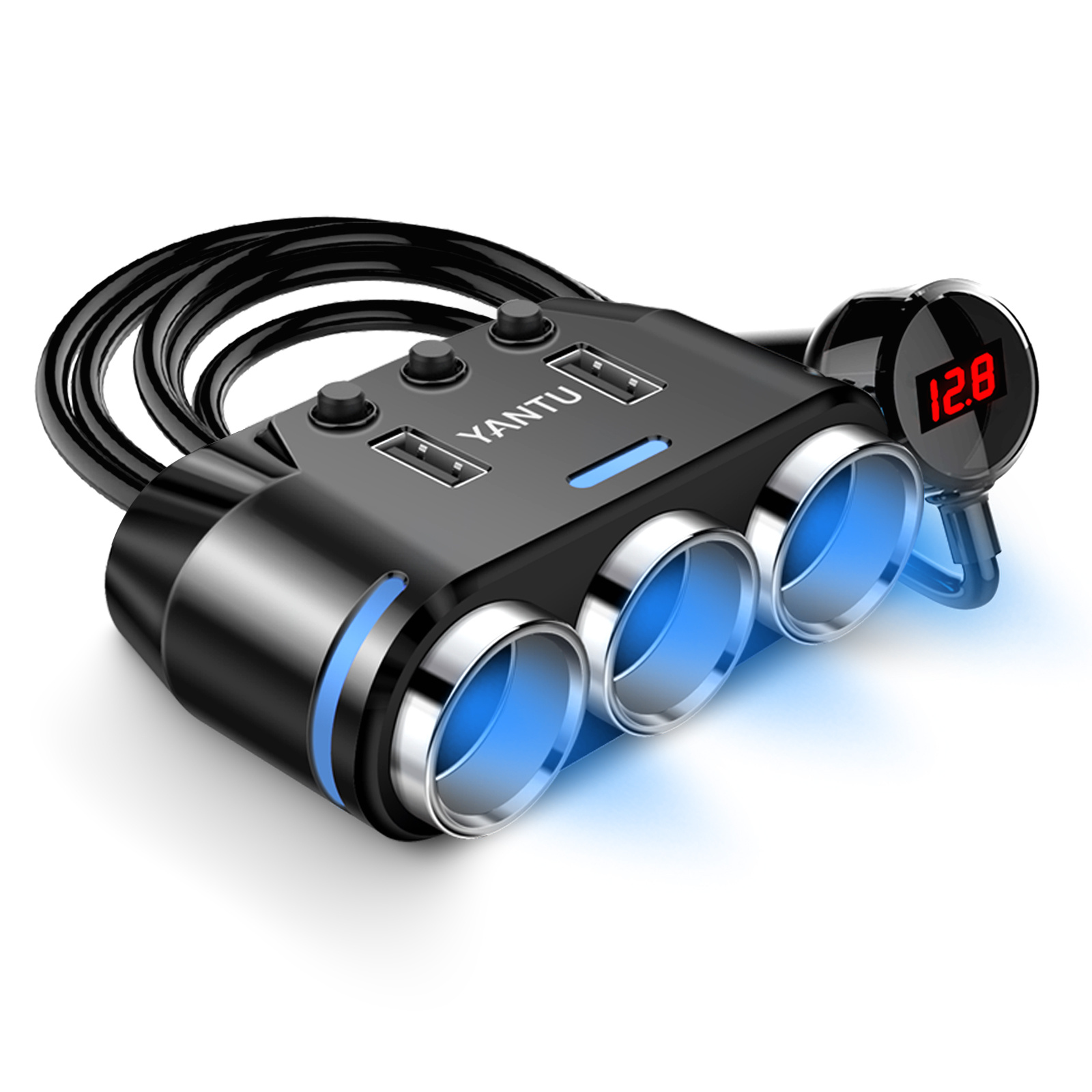Cargador de coche USB rápido de 66 W con voltímetro pantalla de luz LED,  adaptador de cargador de coche compatible con iPhone