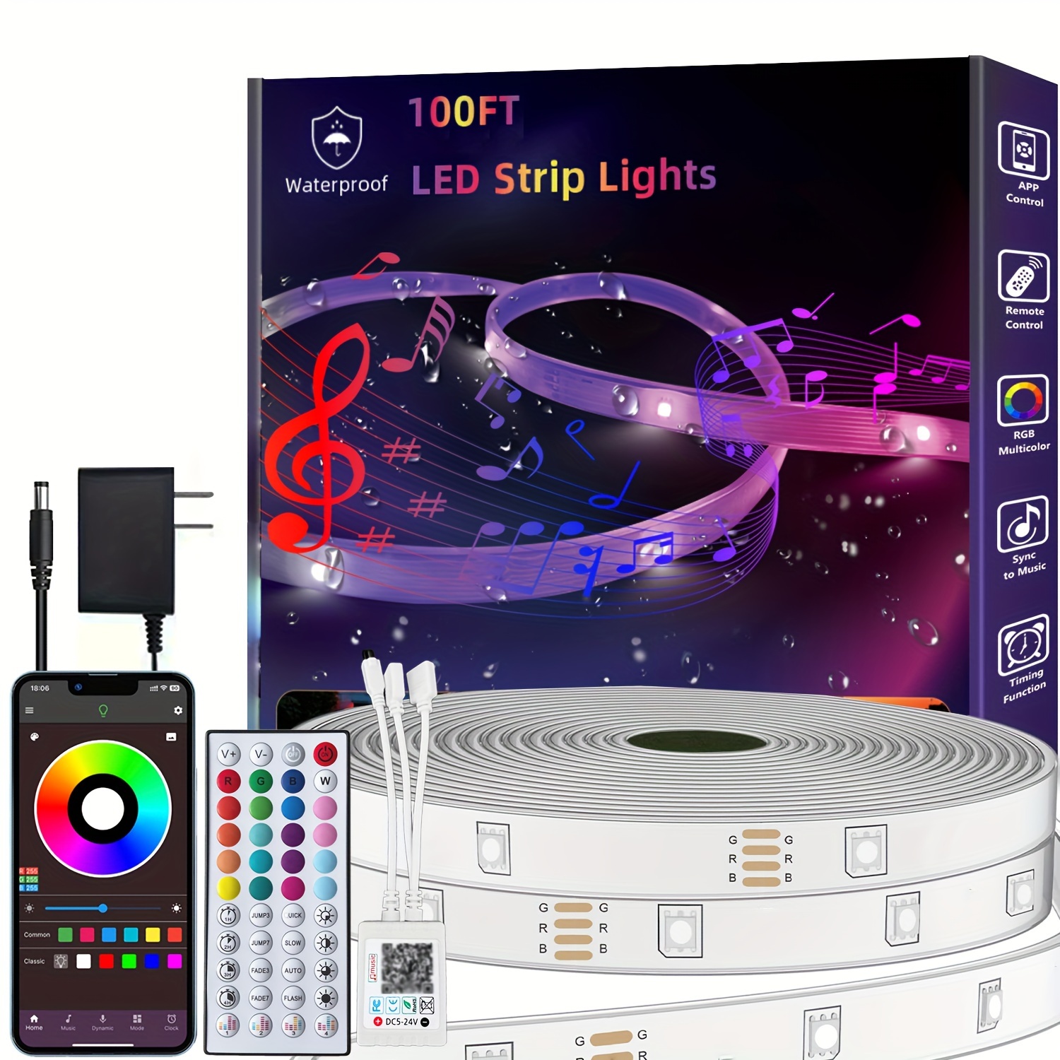 Tira de luces LED para exteriores de 100 pies impermeable, sincronización  de música RGB IP65, tiras de luz LED exteriores impermeables con aplicación