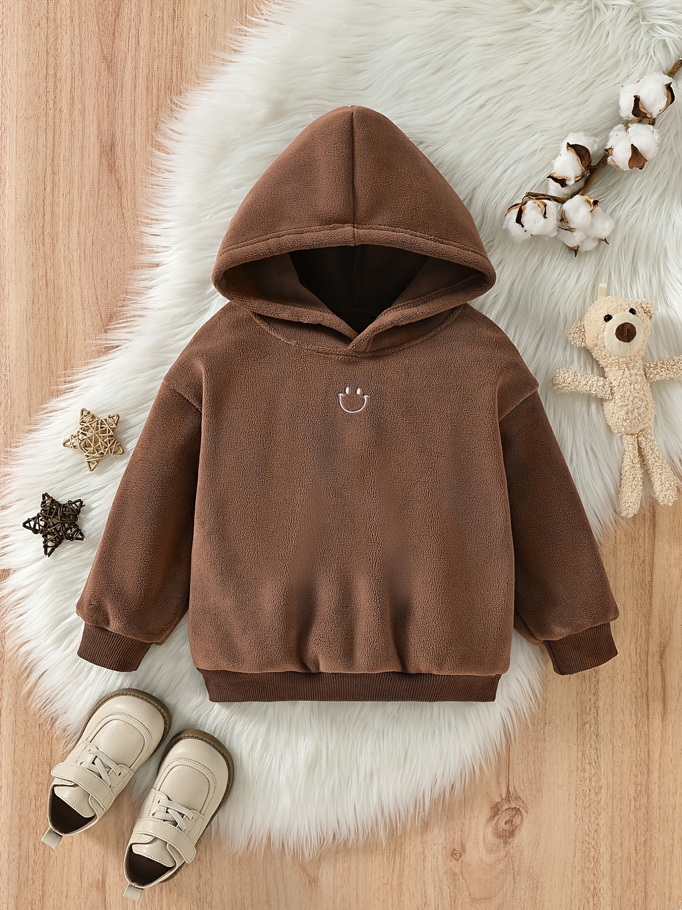 Toddler Boys & Girls Thick Hooded Sweatshirt Smile Face Embroidery Hoodies  For Autumn And Winter, Everyday