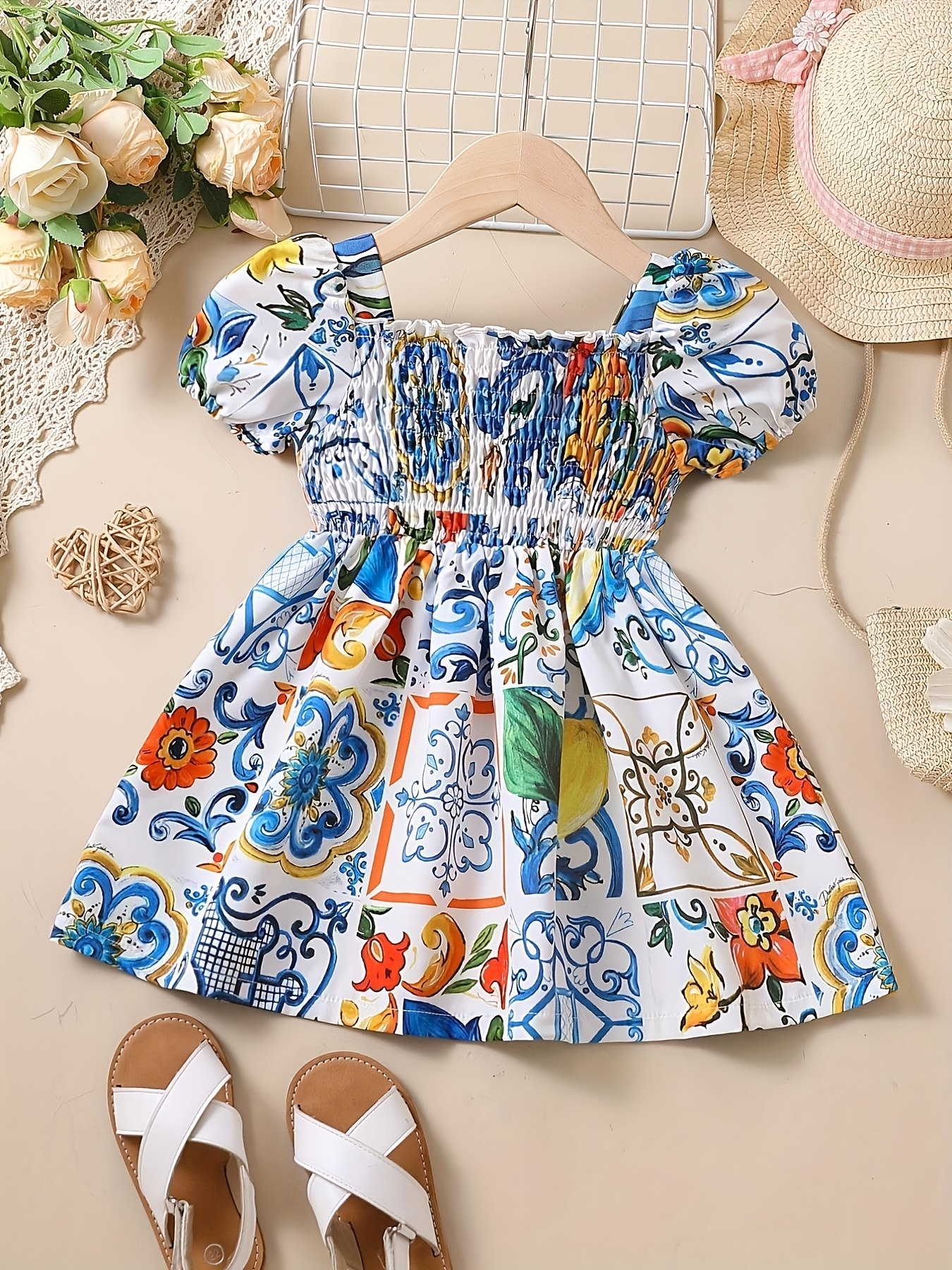 Toddler Kids Baby Girls Clothes Summer Linen Short Sleeve Embroidery Flower Pattern Princess Dress Casual Beach Dresses Outfits Girl Frocks, Infant