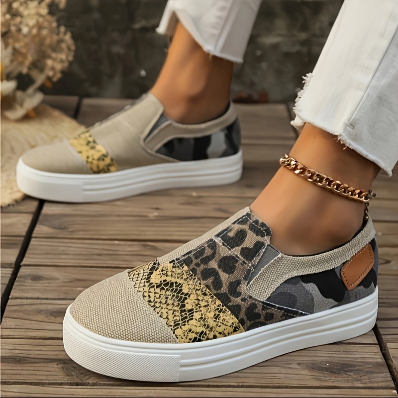 Women's Leopard Print Skate Shoes, Fashion Side Zipper Lace Up Low Top  Sneakers, Casual Flat Walking Shoes