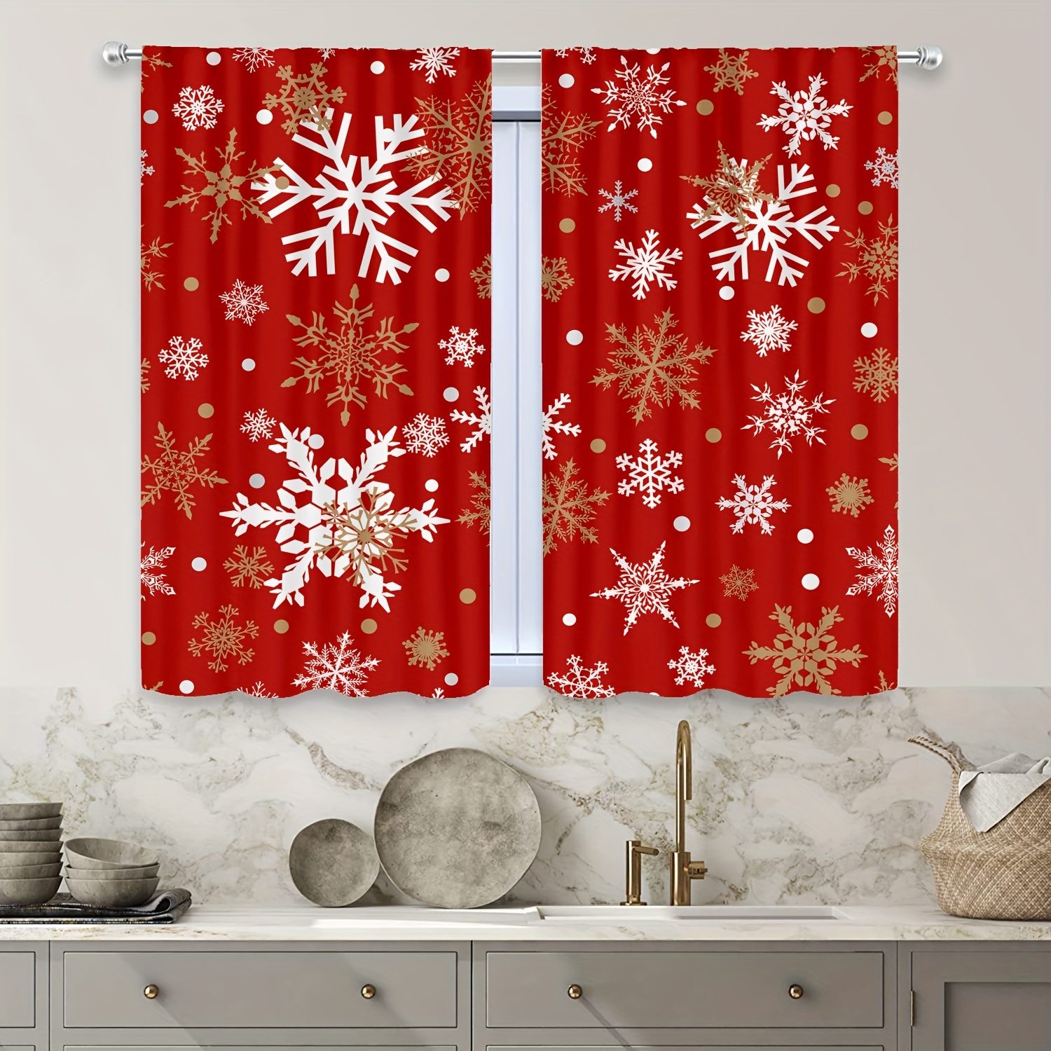 2 Panels Christmas Snowflake Curtains Red Study Room Kitchen - Temu