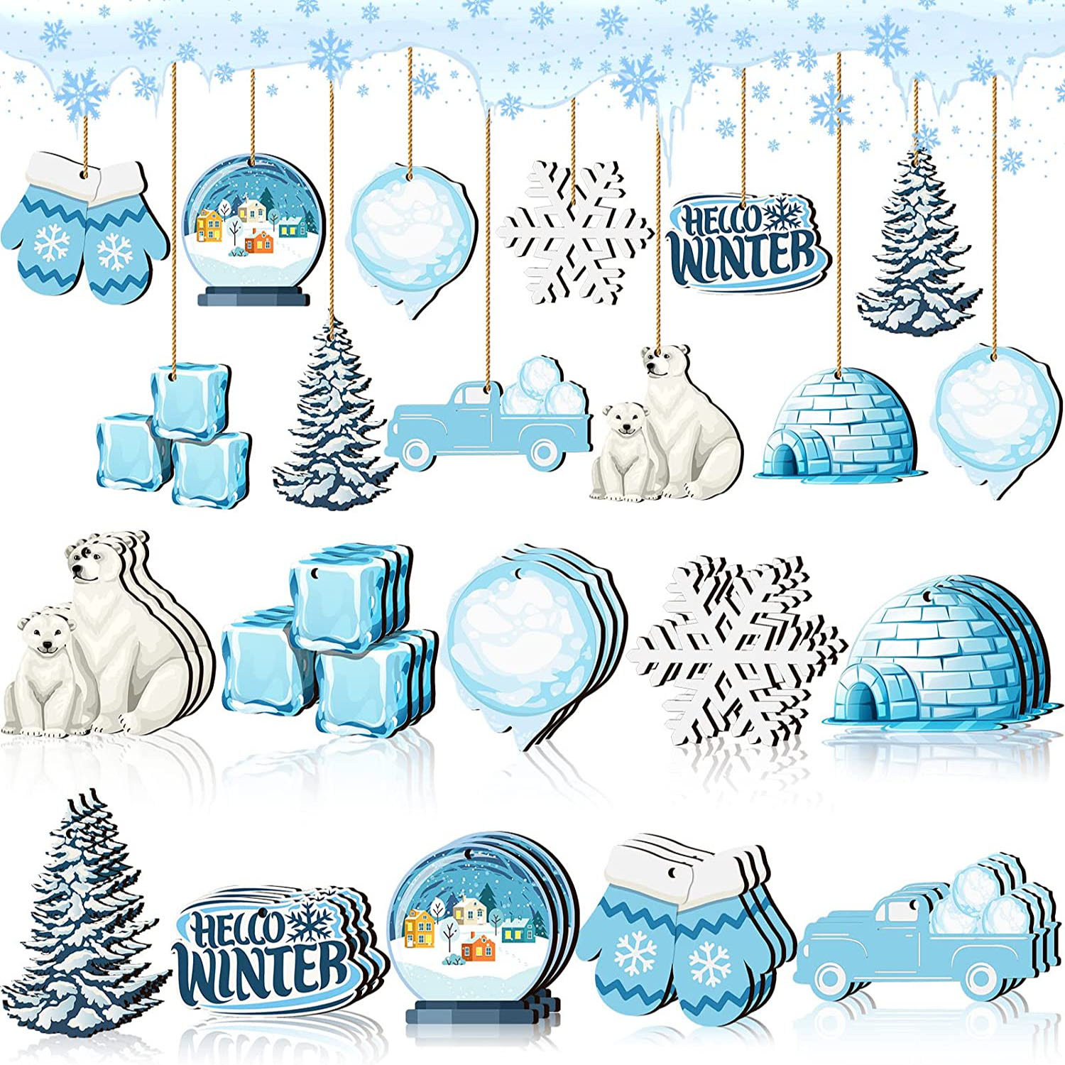 15pcs Wooden Christmas Winter Blue White Snowflake Cute Snowman Theme Party  Gathering Holiday Tree Hanging Celebration Home Decorations