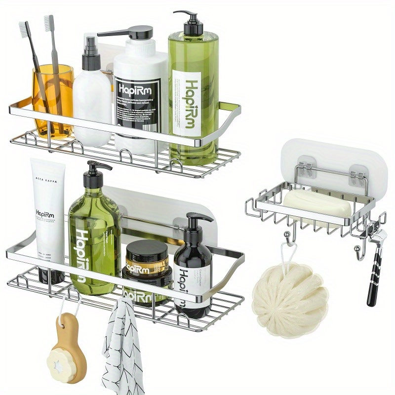 HapiRm Shower Caddy Corner Bathroom Shelf Shower Rack with 8 Traceless Adhesive Hooks, No Drilling Shower Organizer Wall Mounted