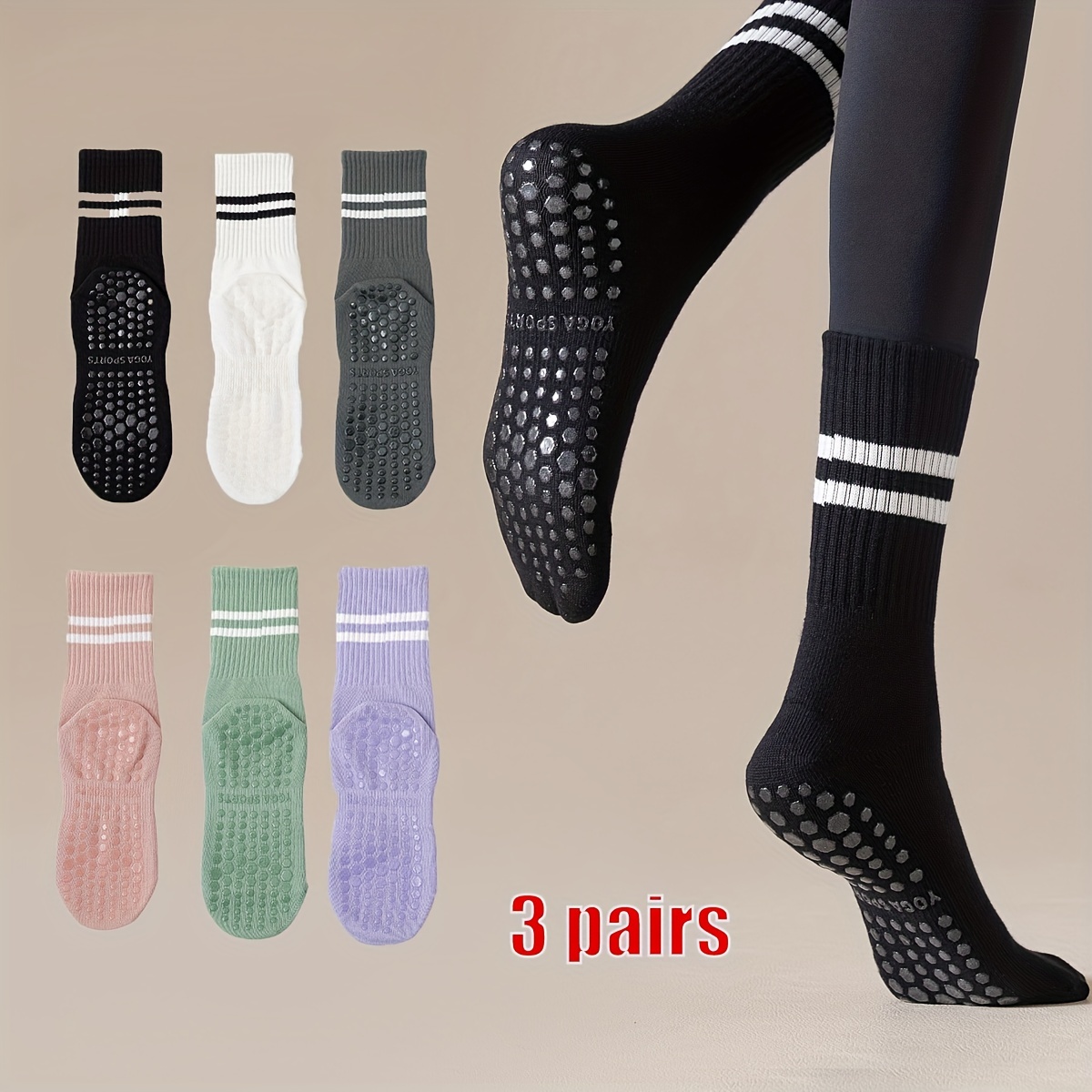 Calcetines de yoga para mujer, 3 pares de agarre antideslizante con correas  de tobillo media punta calcetines para ballet Pilates Barre Dance