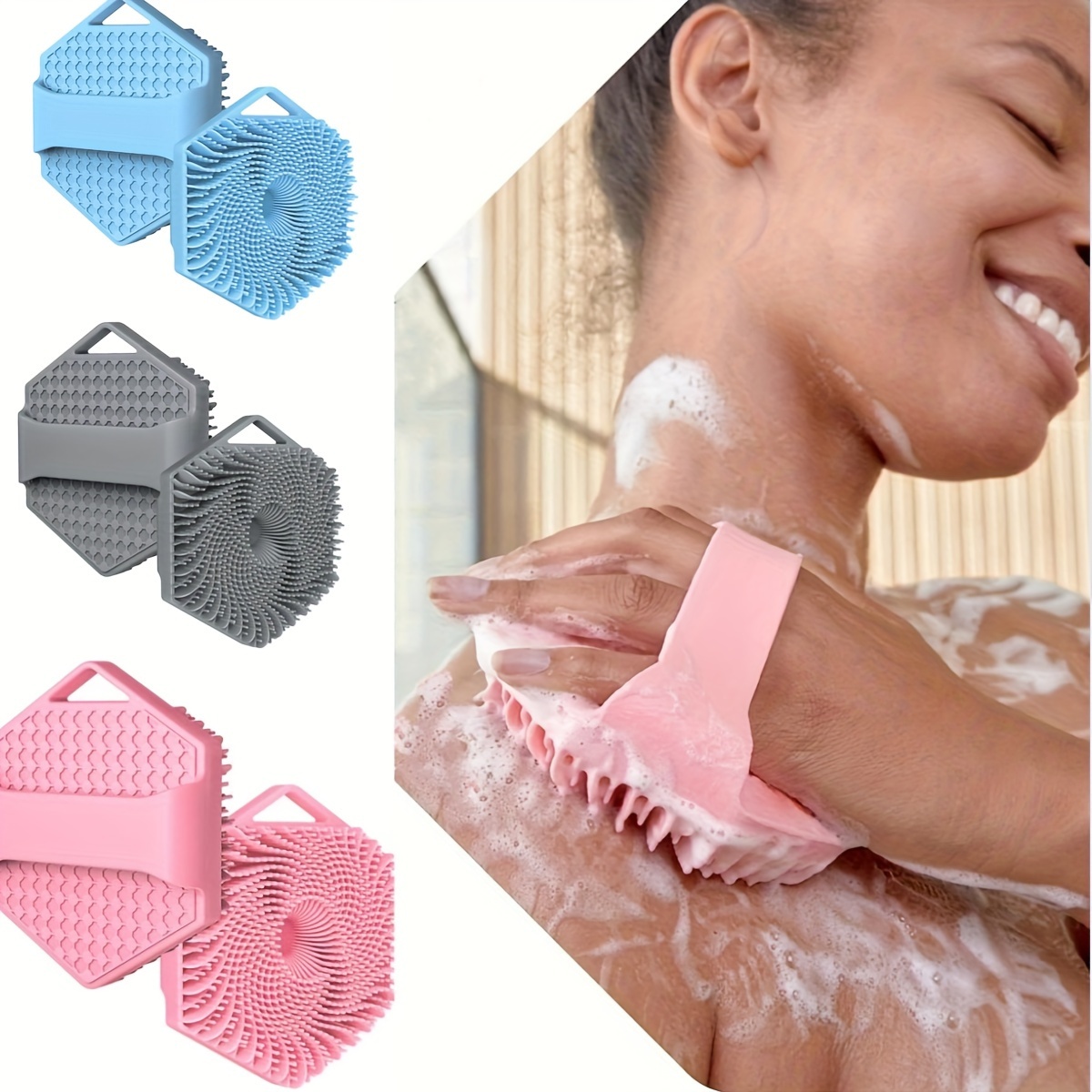 Silicone Shower Brush Back & Body Scrubber (Green, Pink, 2 Pack)