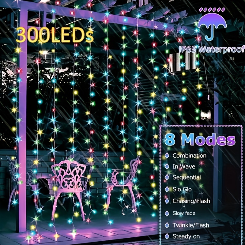 Window Curtain String Light, 300 Waterproof LED Twinkle Lights, 8