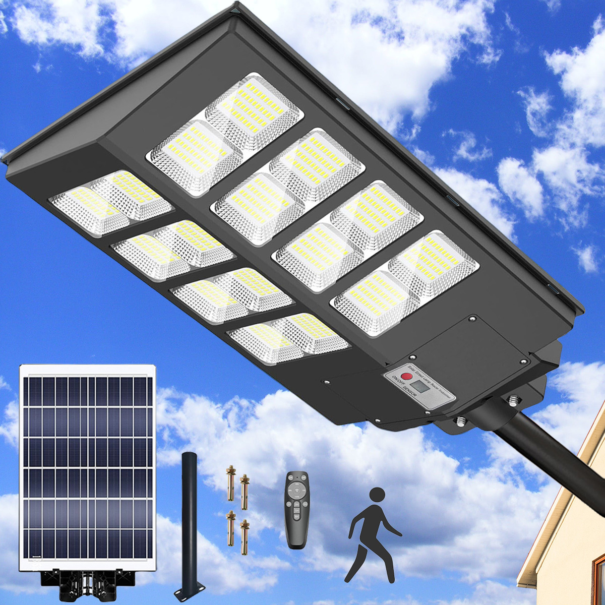 Luces solares de 150 W para exteriores, 3 modos de luz solar LED de pared  con sensor de movimiento con control remoto, 8000 LM IP66 impermeable