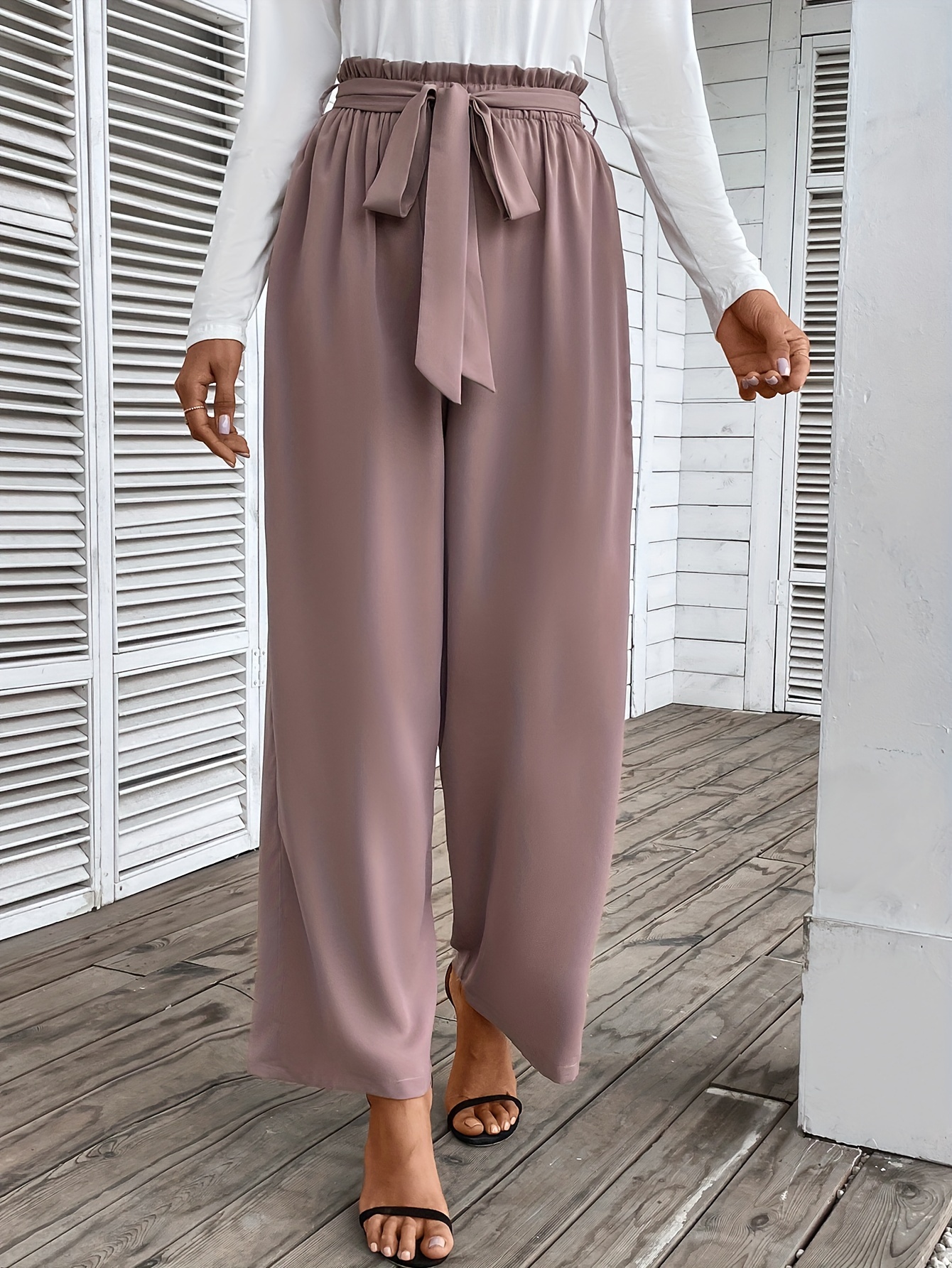 Tucked Solid Wide Leg Pants, Casual Paper Bag Waist Pants, Women's Clothing