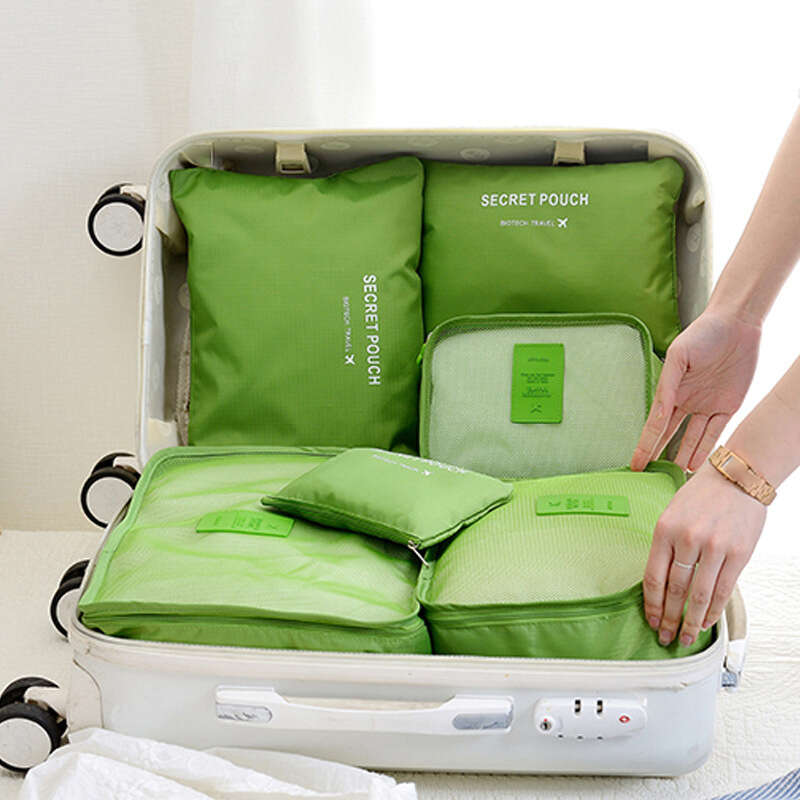 Green 6pcs/set Travel Bag Set Solid Color Luggage Travel Organizer