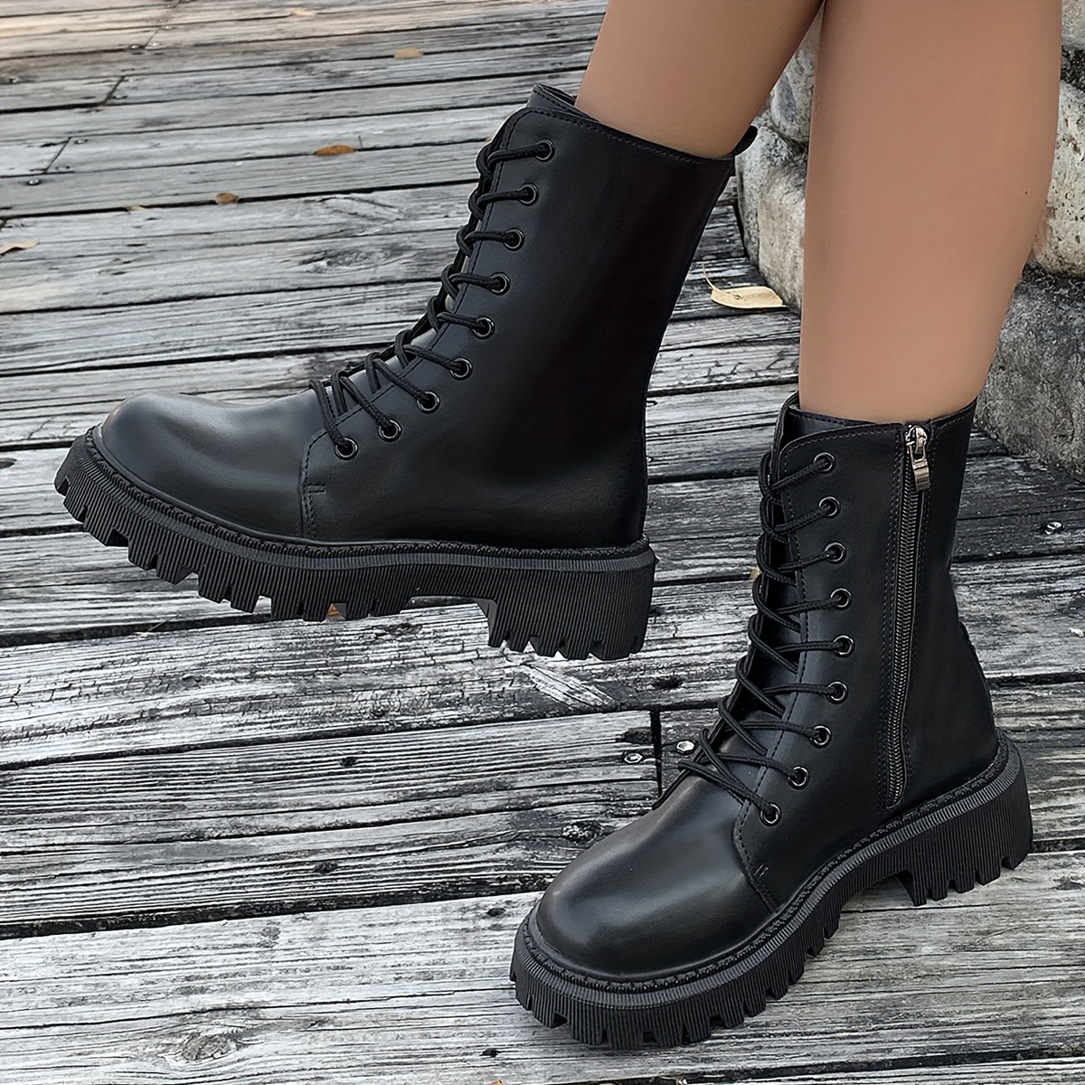 Women's Stitching Knit Combat Boots, Black Platform Short Boots, Round Toe  Lace-up Ankle Boots - Temu Bahrain