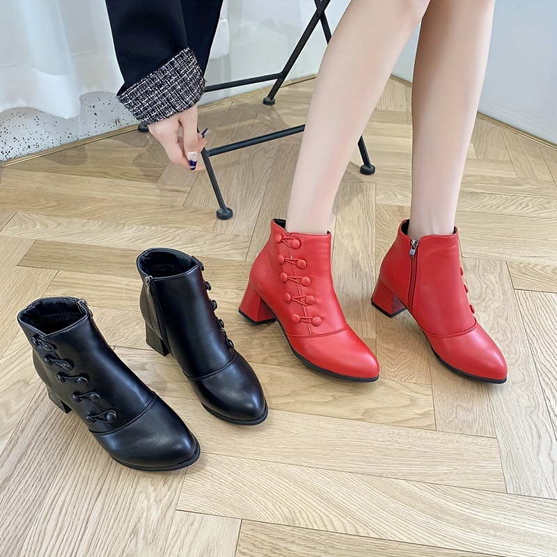 Red Chunky Sole Ankle Biker Boots