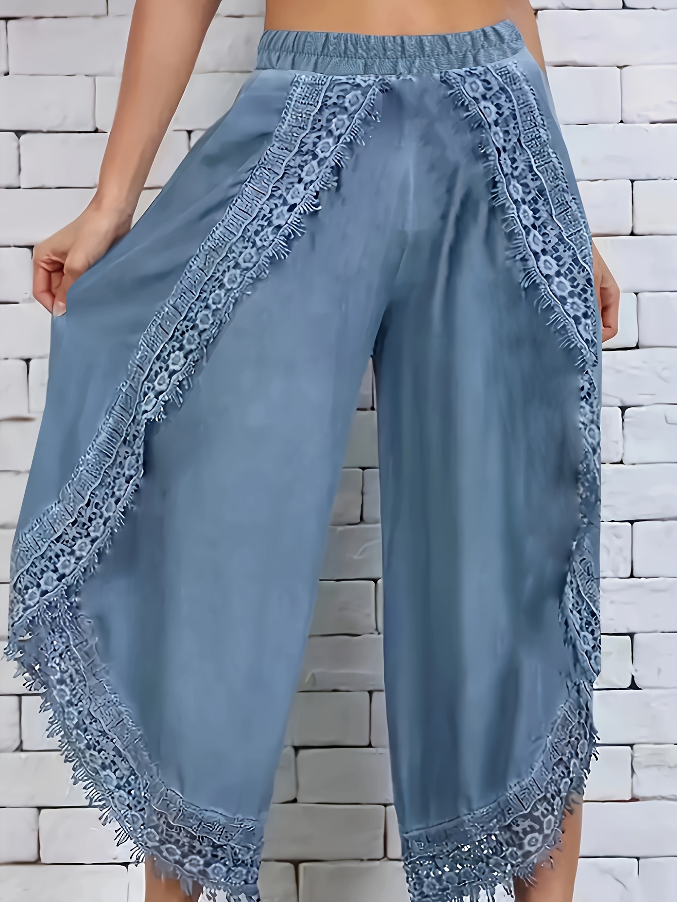 Contrast Lace Knee Length Pants Casual High Waist Slim Pants