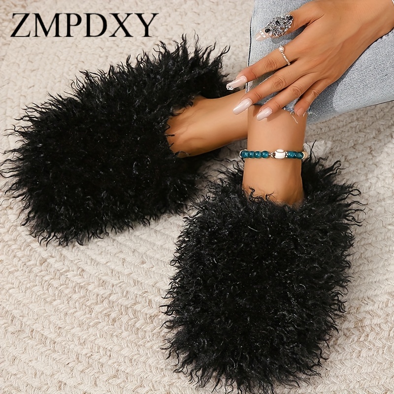 Solid Color Faux Fur Slides Slippers Slip On Round Toe Non slip Fluffy Soft Warm Slides Shoes Plush Indoor Cozy Shoes