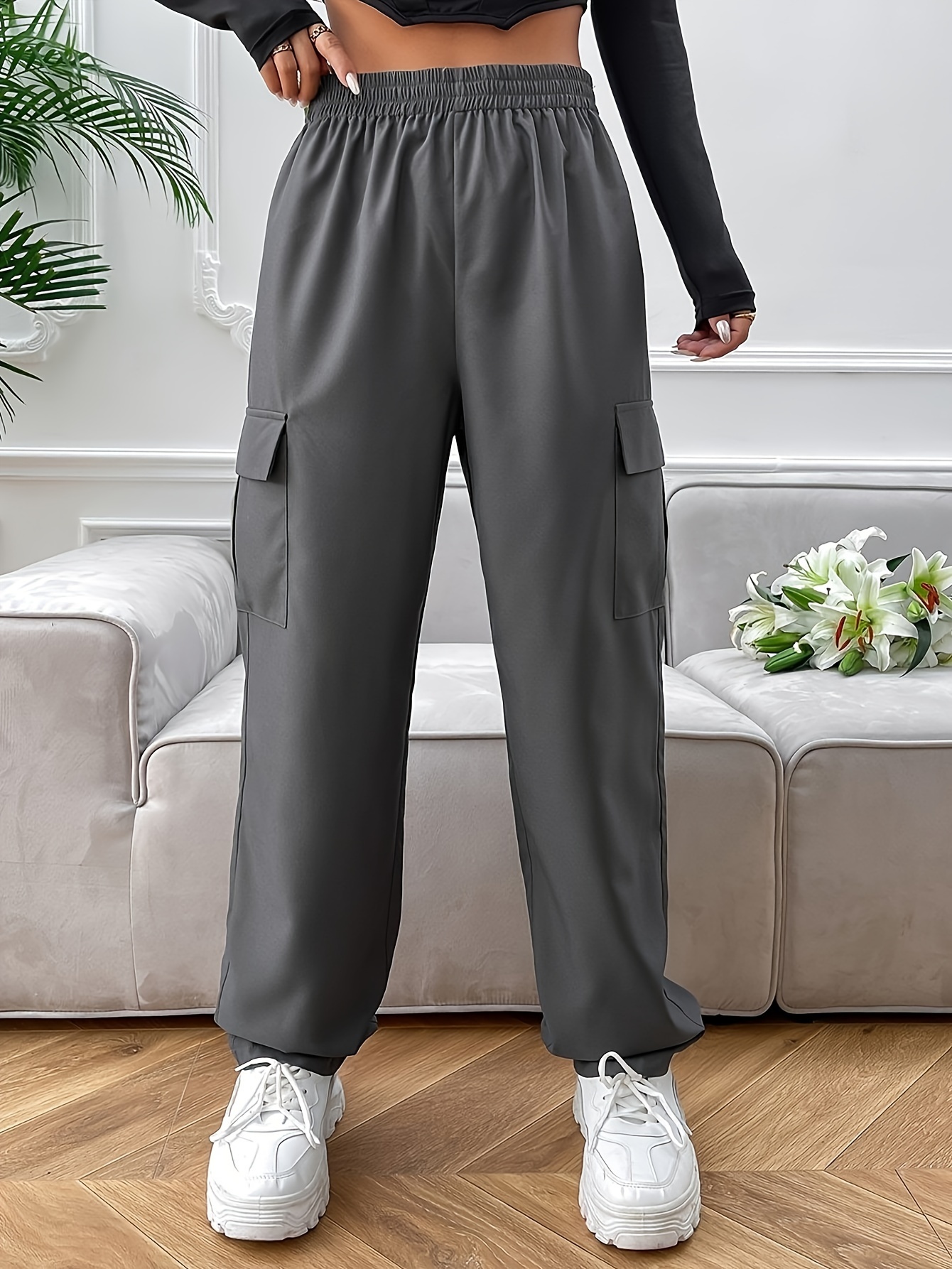 Pantalones de carga Jogger sólidos, pantalones sueltos casuales con cintura  elástica y bolsillo con solapa, ropa de mujer