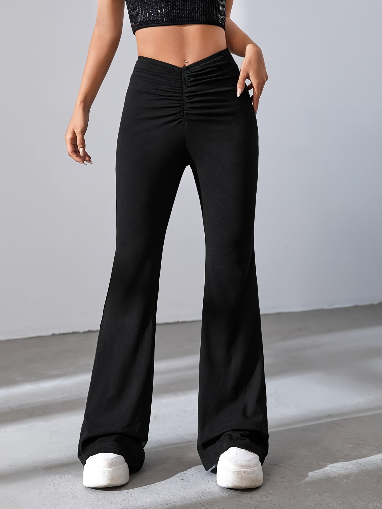 Solid Slim Flare Leg Pants, Elegant High Crossover Waist Pants, Women's  Clothing