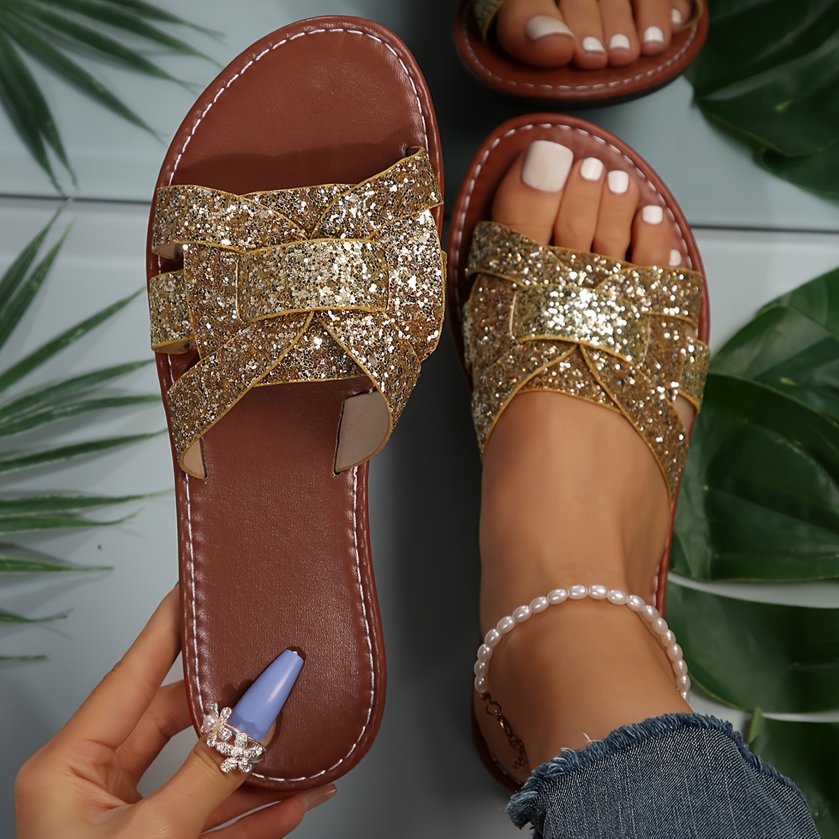 Gold glitter hot sale sandals flat