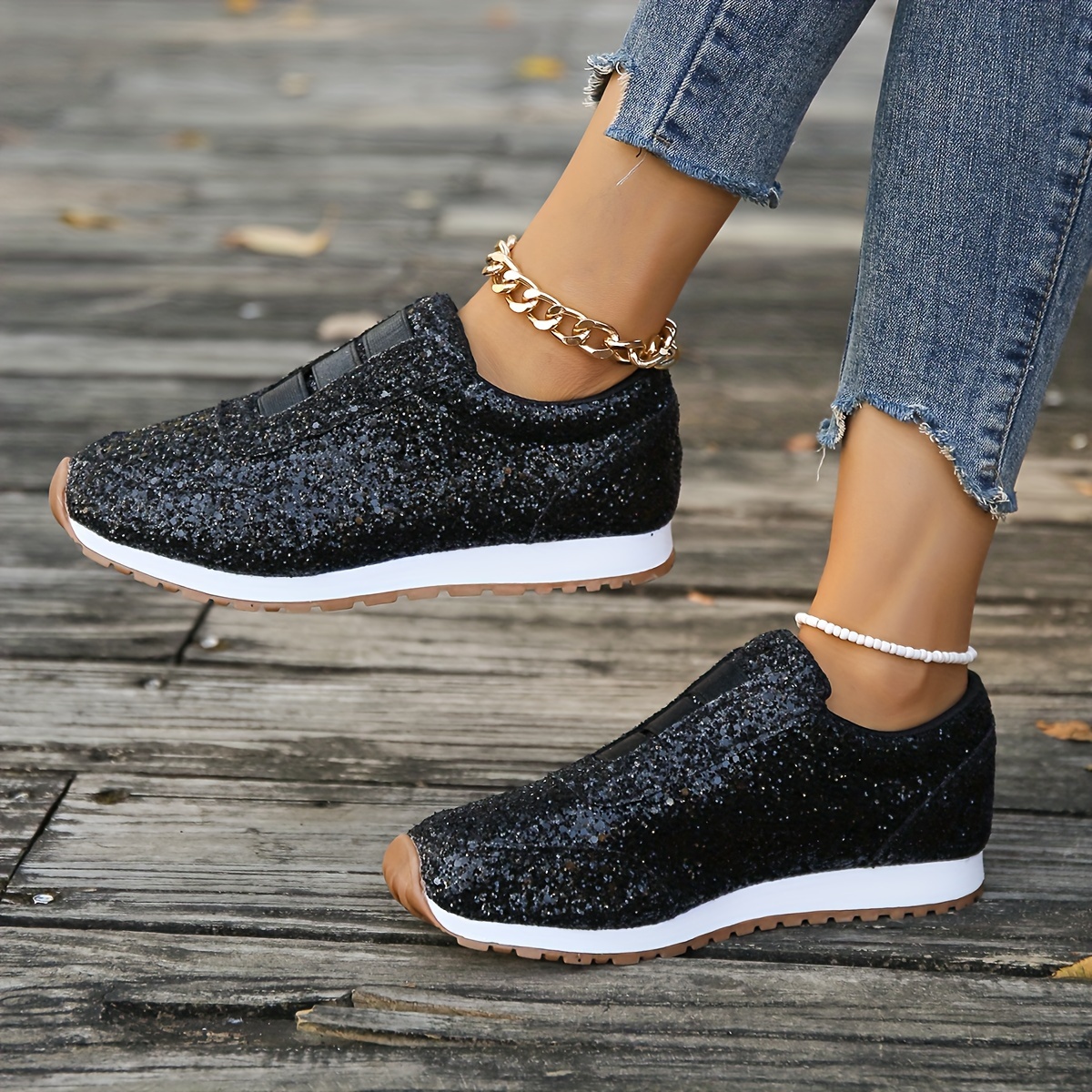 Solid Color Sneakers, Women's Sequin Decor Sparkly Fashion Lace Up Comfy Thick Bottom Sneakers,Temu