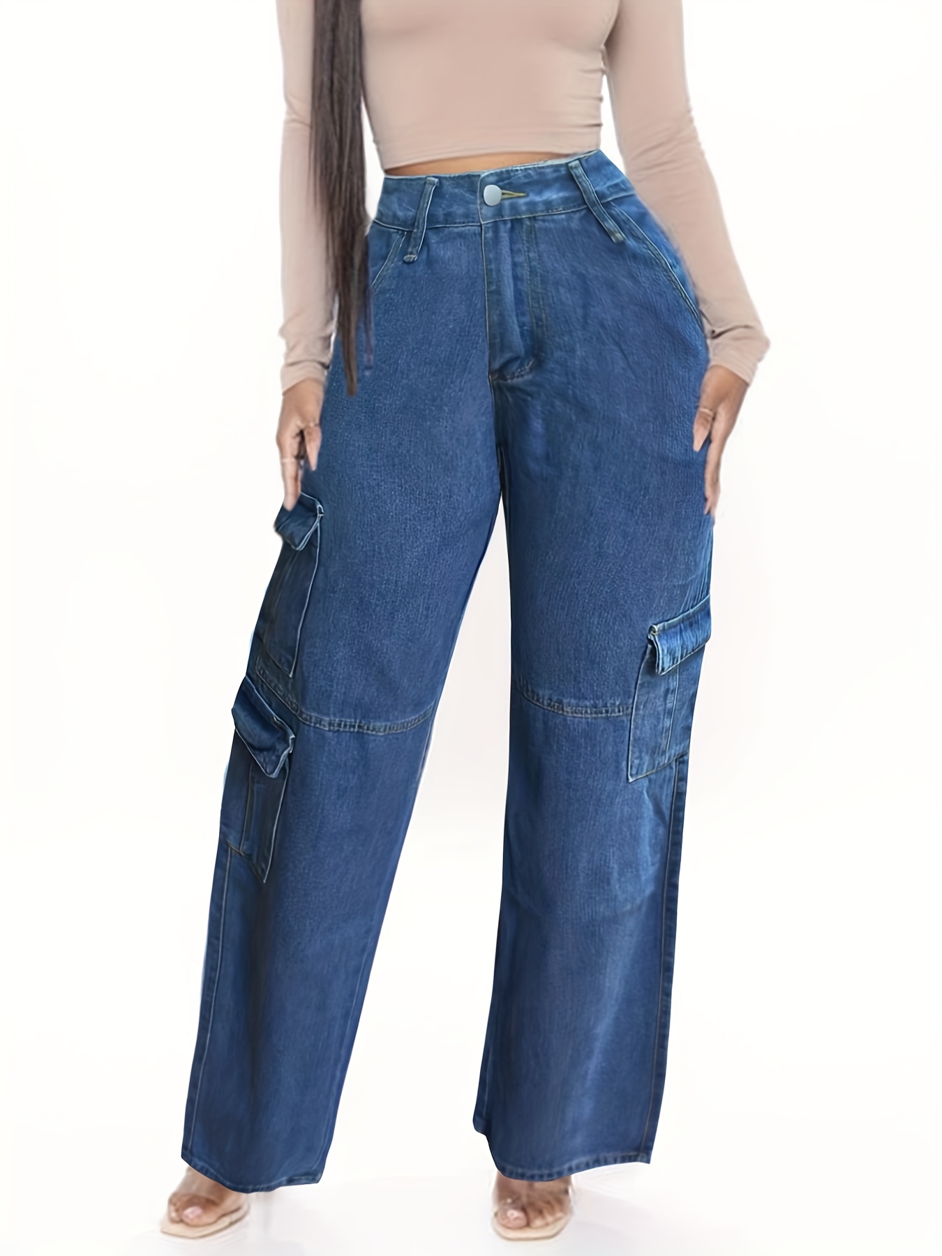 Side Cargo Pockets Exposed Seam Loose Jeans, Slash Pocket Peacock Blue  Casual Stylish Denim Pants, Women's Denim Jeans & Clothing