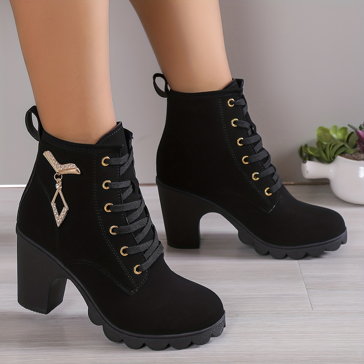 Women's Solid Color Platform Boots, Lace Up Back Zipper Chunky Heel  Waterproof Ankle Boots, Versatile Trendy & Comfy Shoes