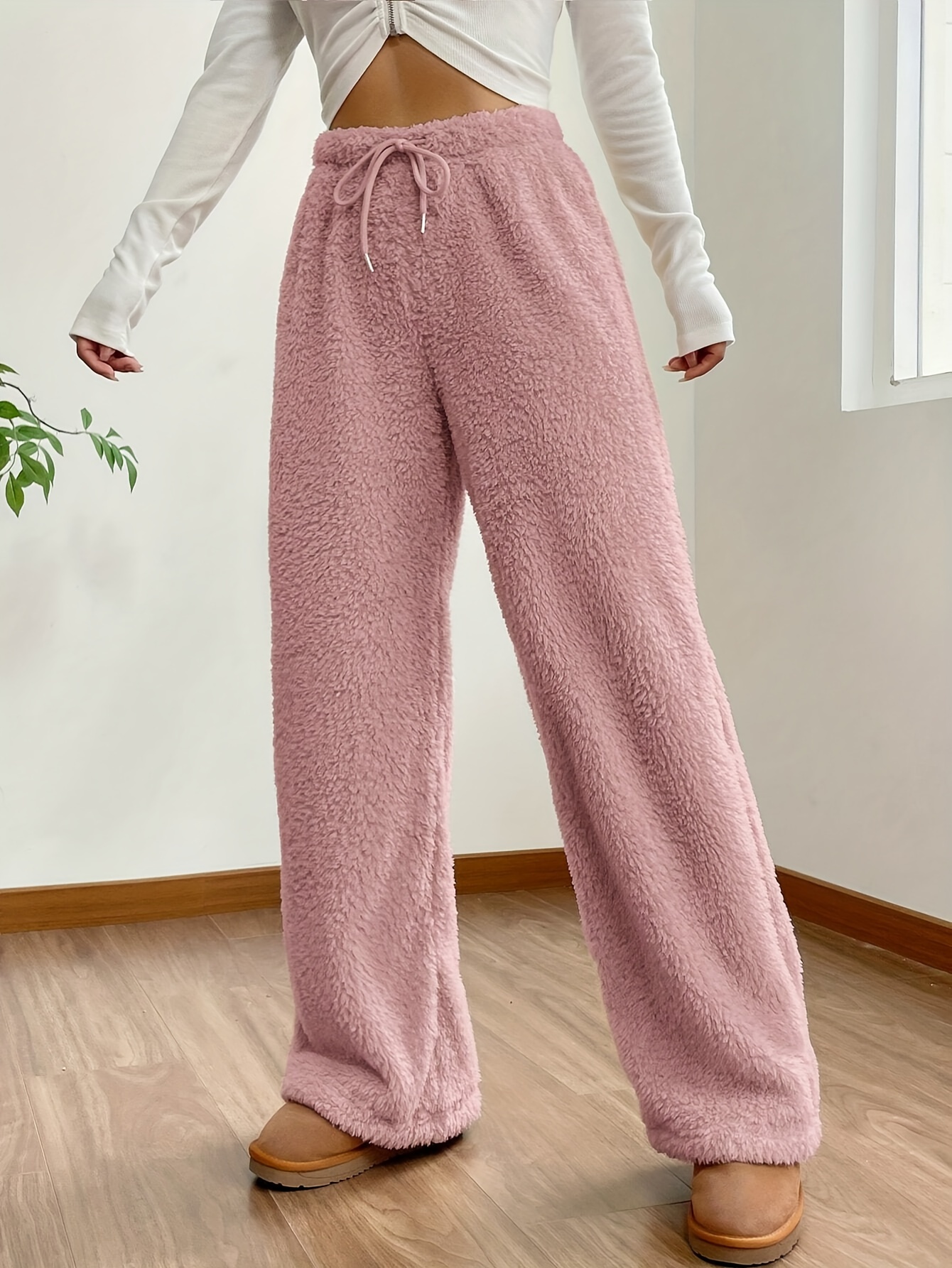 Solid Elastic Waist Fuzzy Pants, Casual Comfy Straight Leg Pants, Women's  Clothing